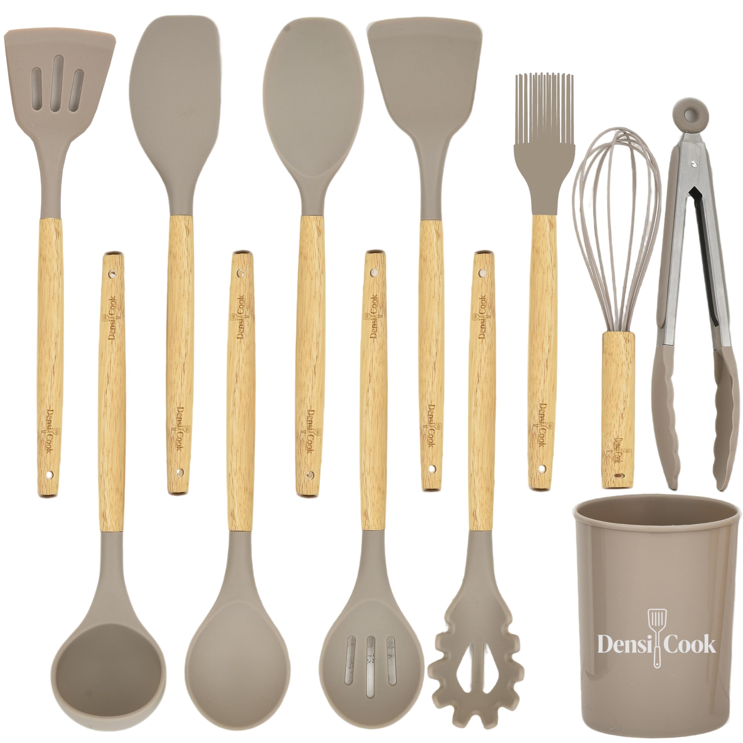 Densi Cook Silicone Utensils Set for Cooking  12 Piece Set&BPA Free(Khaki)
