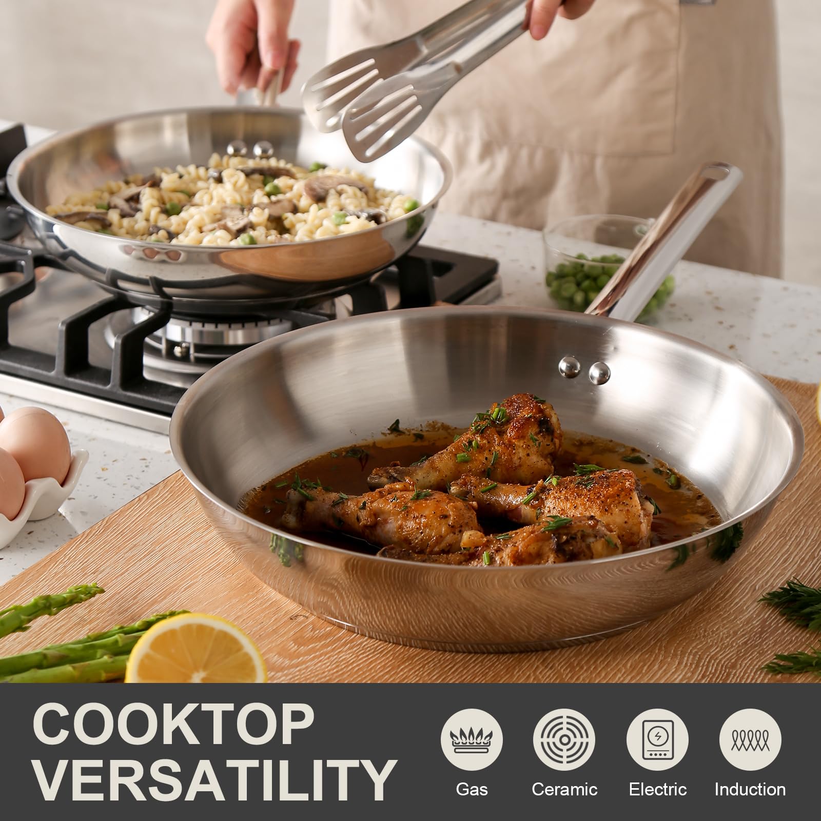 Deluxe Stainless Steel Frying Pan With Lid, 11-Inches Oil Gather Pro Skillet With 3-Ply Heavy Bottom, Pfoa Free Frying Pot With