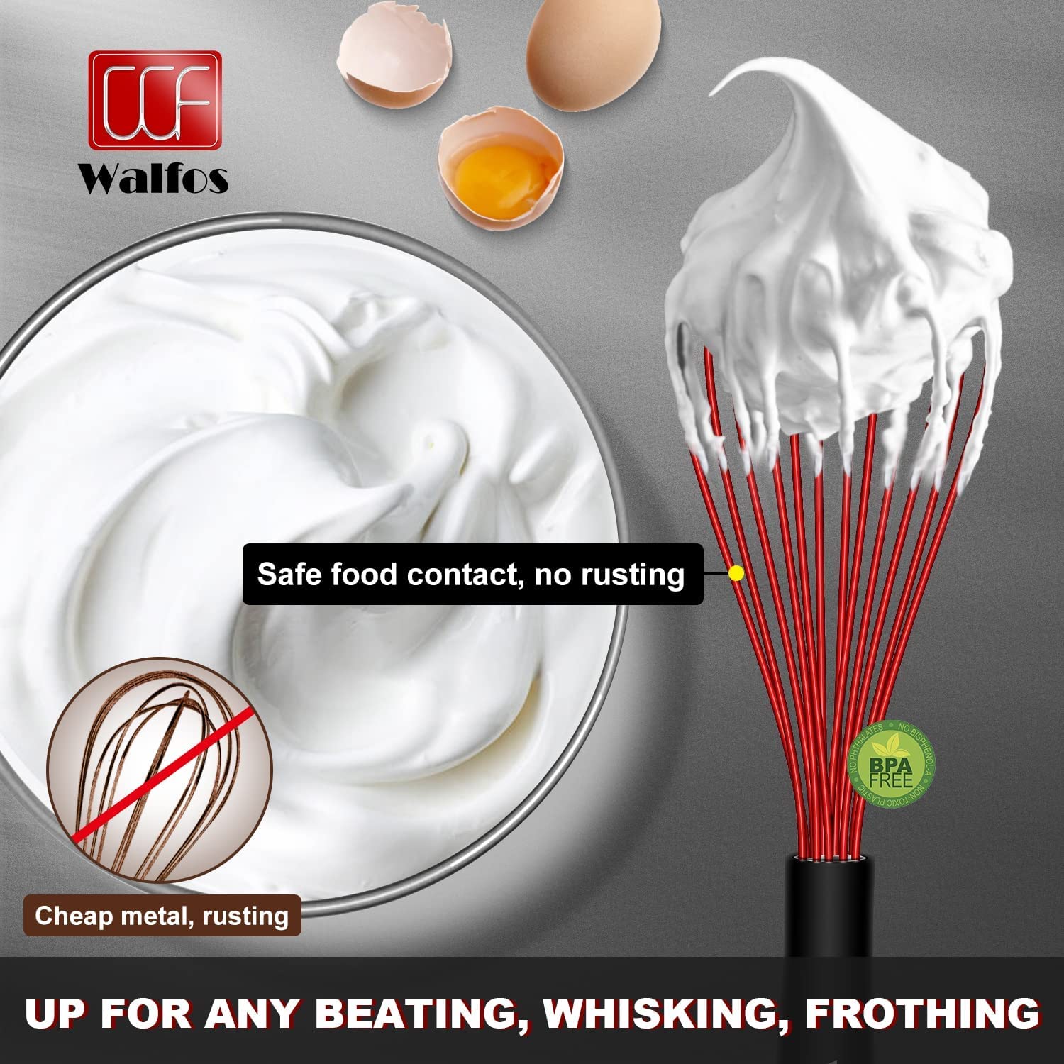 Walfos Whisk,Silicone Whisk Non Scratch-Whisks For Cooking Set Of 4 Heat Resistant(480F).Nice For Blending Beating Stirring And