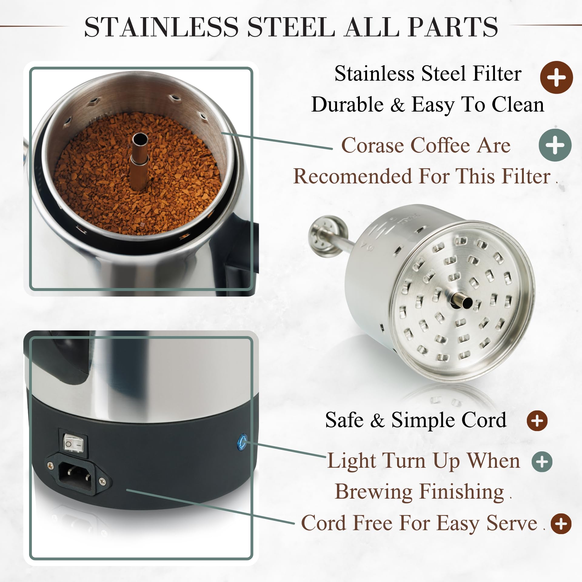 Moss & Stone Electric Coffee Percolator, 10 Cup Stainless Steel, Model EPLTR-8MS, Silver, Keep Warm Function