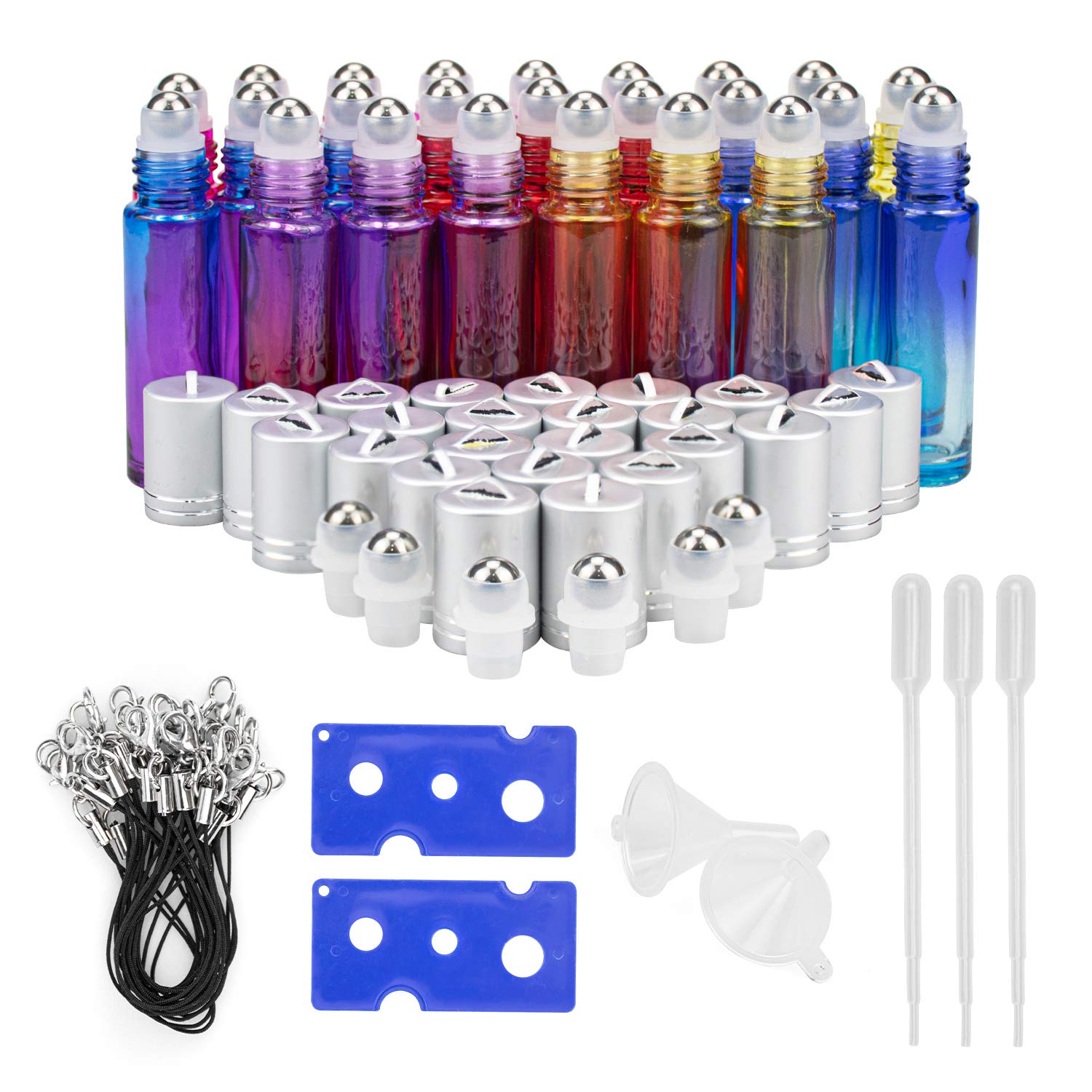 Foraineam 24 Pack 10Ml Roller Bottles Gradient Color Glass Essential Oil Roller Bottle With Stainless Steel Roller Ball And Silv