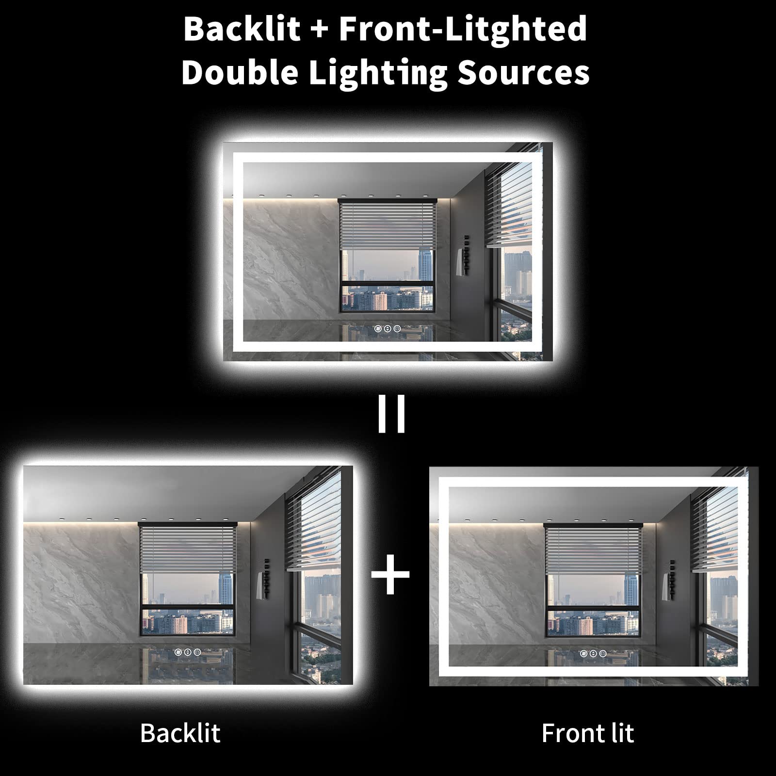 LOAAO 48X32 LED Bathroom Mirror with Lights  Anti-Fog  Dimmable  Backlit + Front Lit  Lighted Bathroom Vanity Mirror for Wall  Memory Function  Tempered Glass (Safe to Use)