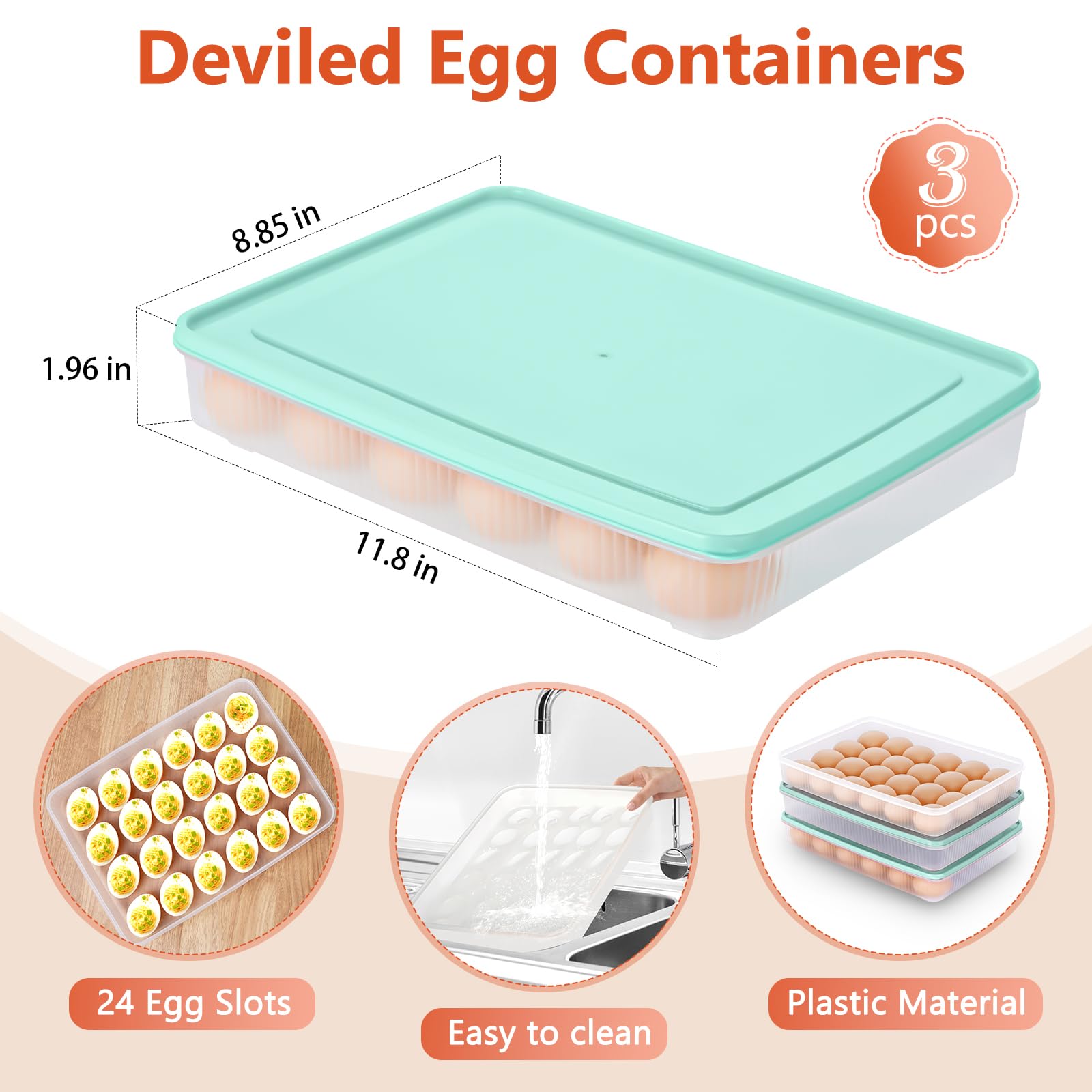 3 Pack Deviled Egg Containers with Lid and 8 Pcs Deviled Egg Injector Piping Tool, Egg Organizer for Refrigerator, Fridge Stacka