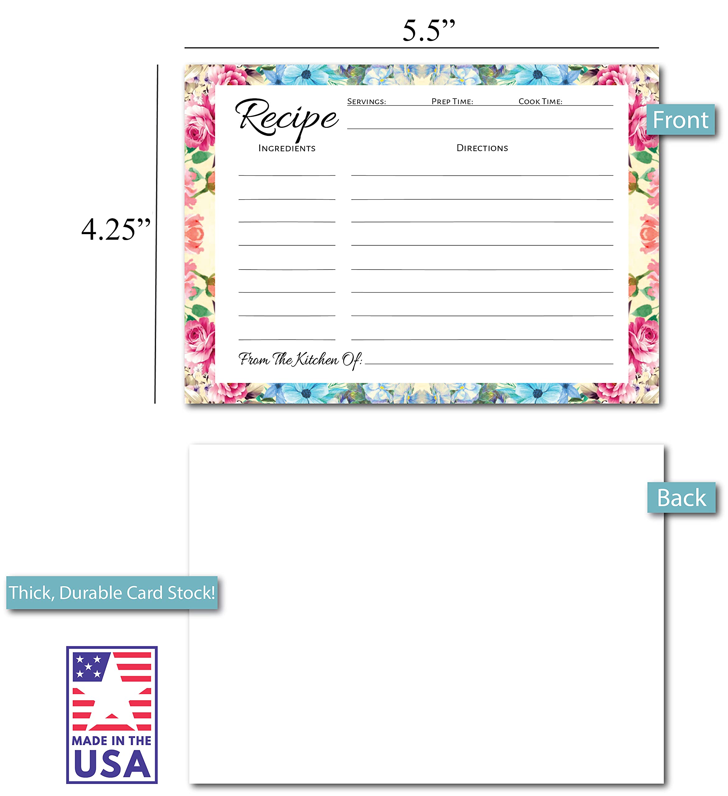Pioneer Woman Style Floral Recipe Cards (50 Pcs) Flower Recipe Cards, Floral Index Cards, Blank Back Recipe Notecards, Perfect F