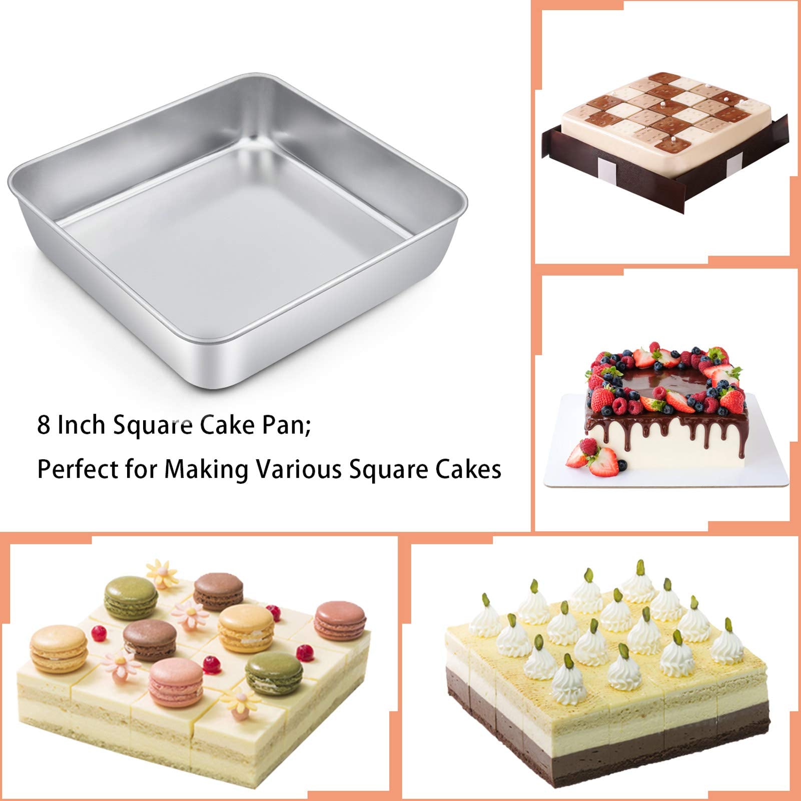 Teamfar Square Cake Pan With Lid(1 Pan & 1 Lid), 8 Inch Square Baking Pan Stainless Steel Cake Brownie Pan With Lid For Meal Pre