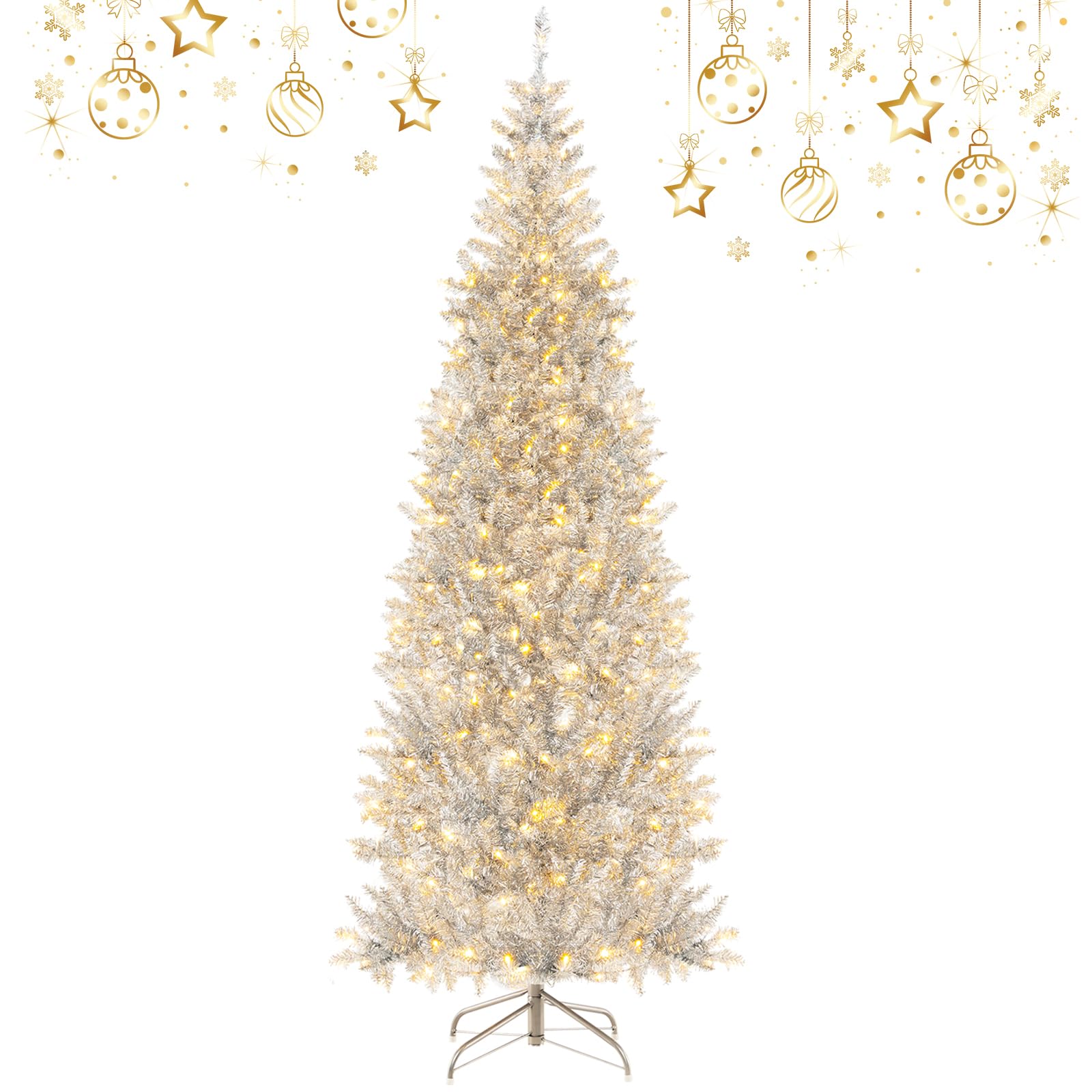GOFLAME 7FT Pre-Lit Pencil Christmas Tree, Hinged Christmas Tree with Tinsel Leaves, 1030 Branch Tips & 400 Warm White LED Light