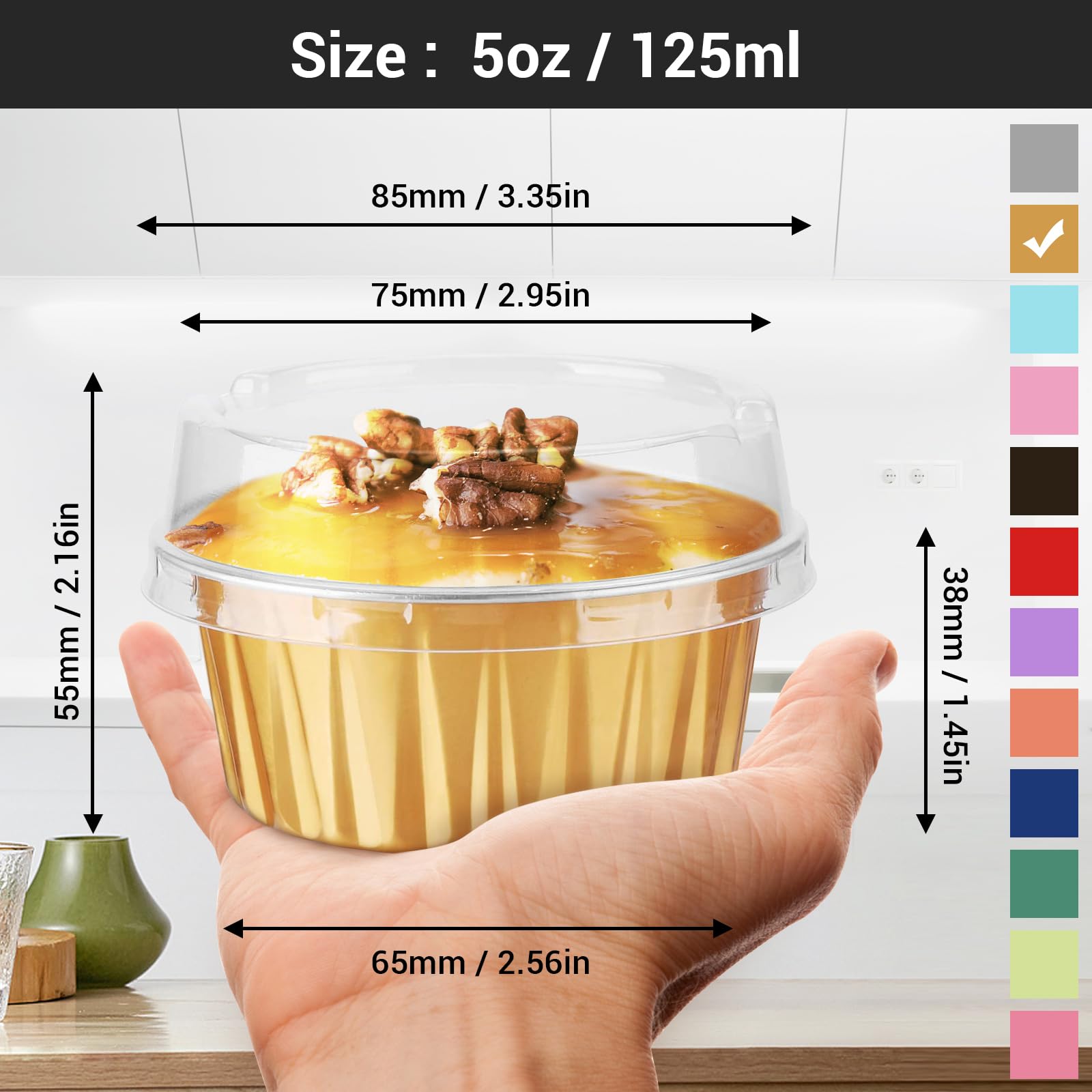 Eusoar Disposable Ramekins, Gold 50Pcs 5Oz Mini Aluminium Foil Baking Cups With Lids Creme Brulee Cupcake Liners, Desert Cheesec