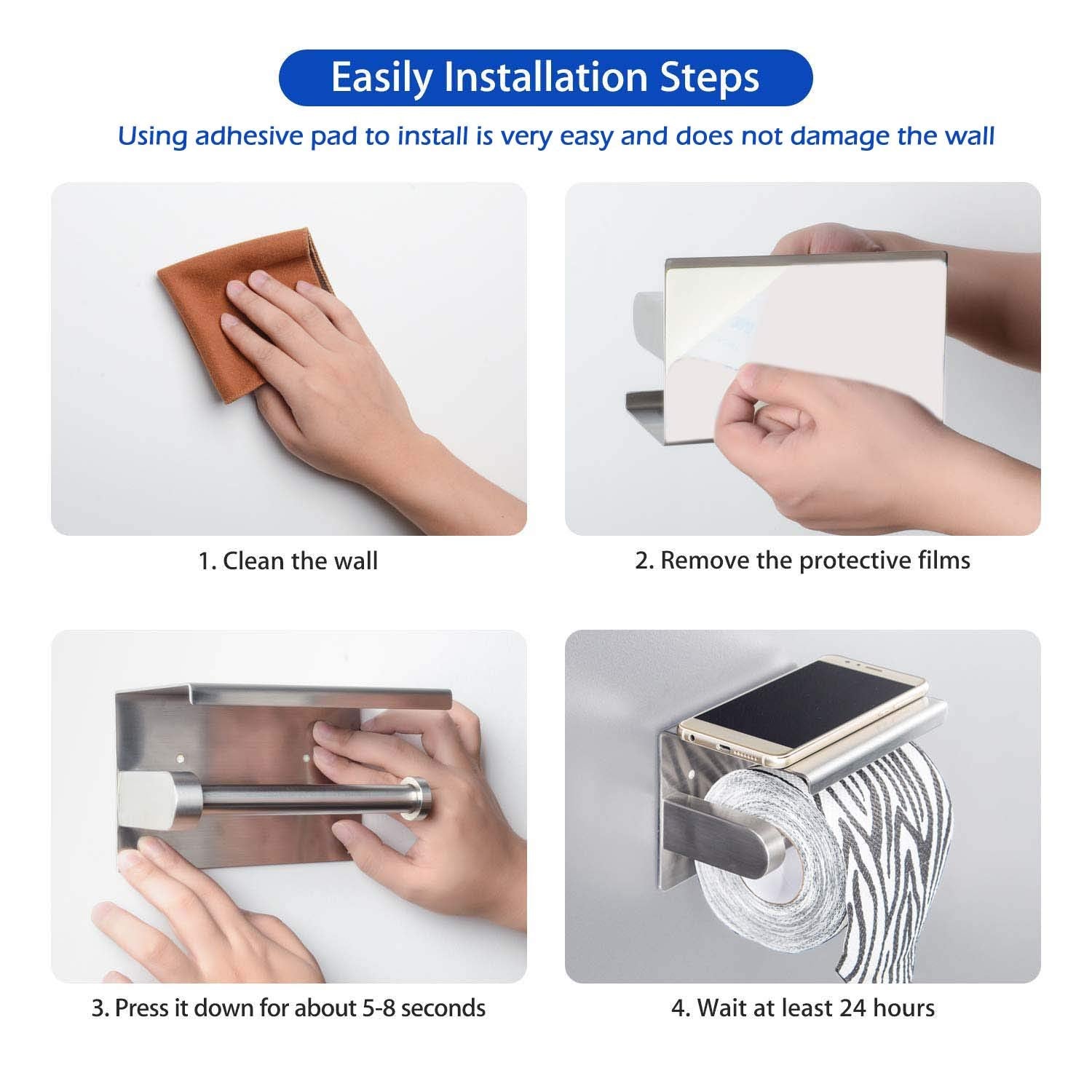 WAYDELI Toilet Paper Holder with Phone Shelf  Fit Mega Rolls  Tissue Roll Dispenser with Storage Shelf  SUS304 Stainless Steel  3M Adhesive No Drill or Wall-Mounted with Screws - Brushed Nickel