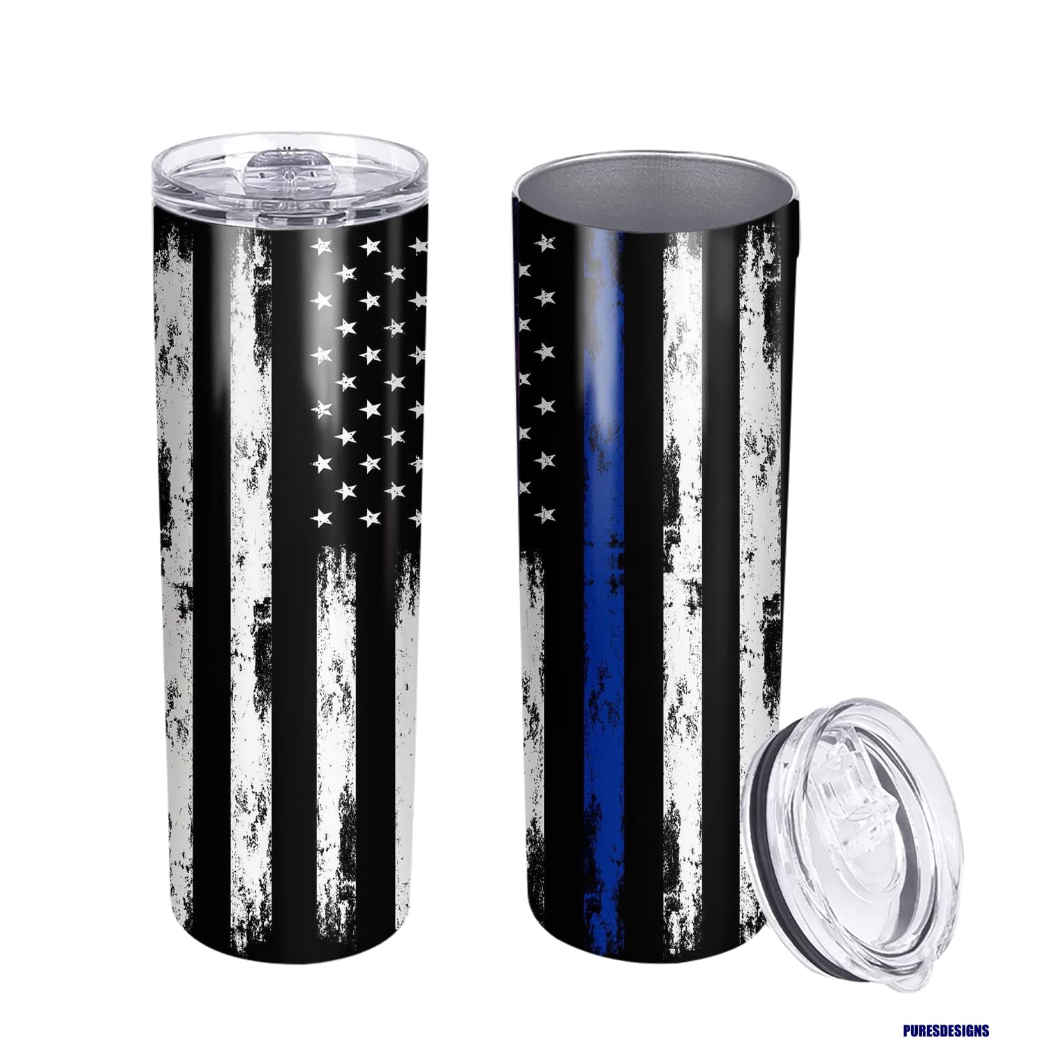 Pure'S Designs Thin Blue Line Police Tumbler-20Oz Travel Mug With Lid For Coffee Cup/Cold Drinks,Graduation,Cops Officer,Law Enf