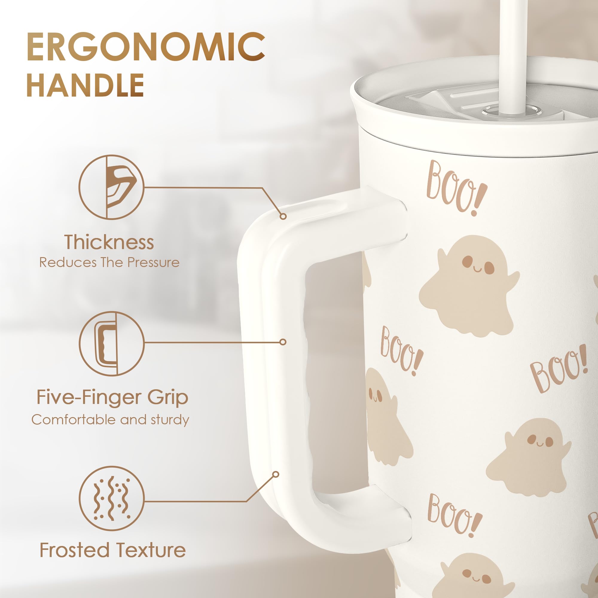 Boo Tumbler with Handle and Straw 40oz - Stainless Sleel Slider Tumbler Travel Coffee Mug for Women - Gift Idea for Fall Autumn