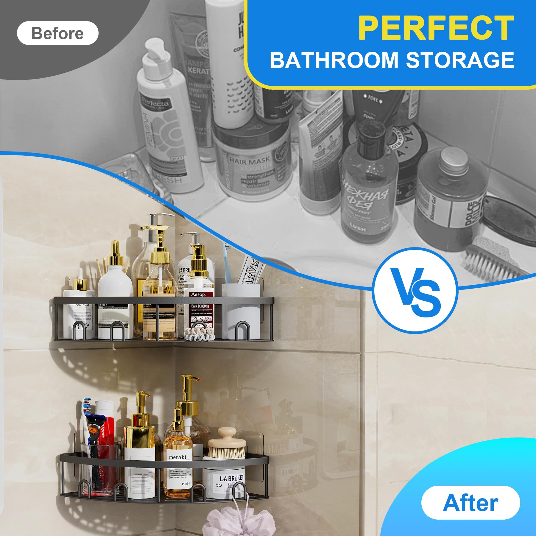 Kerisgo Corner Shower Caddy  2 Pack Adhesive Bathroom Shower Corner Organizer Shelf  No Drilling Rustproof Wall Mounted Shower Storage Rack Shampoo Holder Organizer (Black)