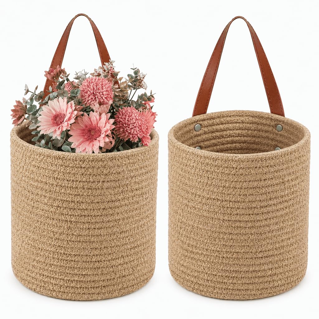 YOUEON Set of 2 Jute Hanging Basket 7.8 x 6.7, Small Wall Hanging Planter Baskets, Natural Jute Woven Storage Basket for Flowe