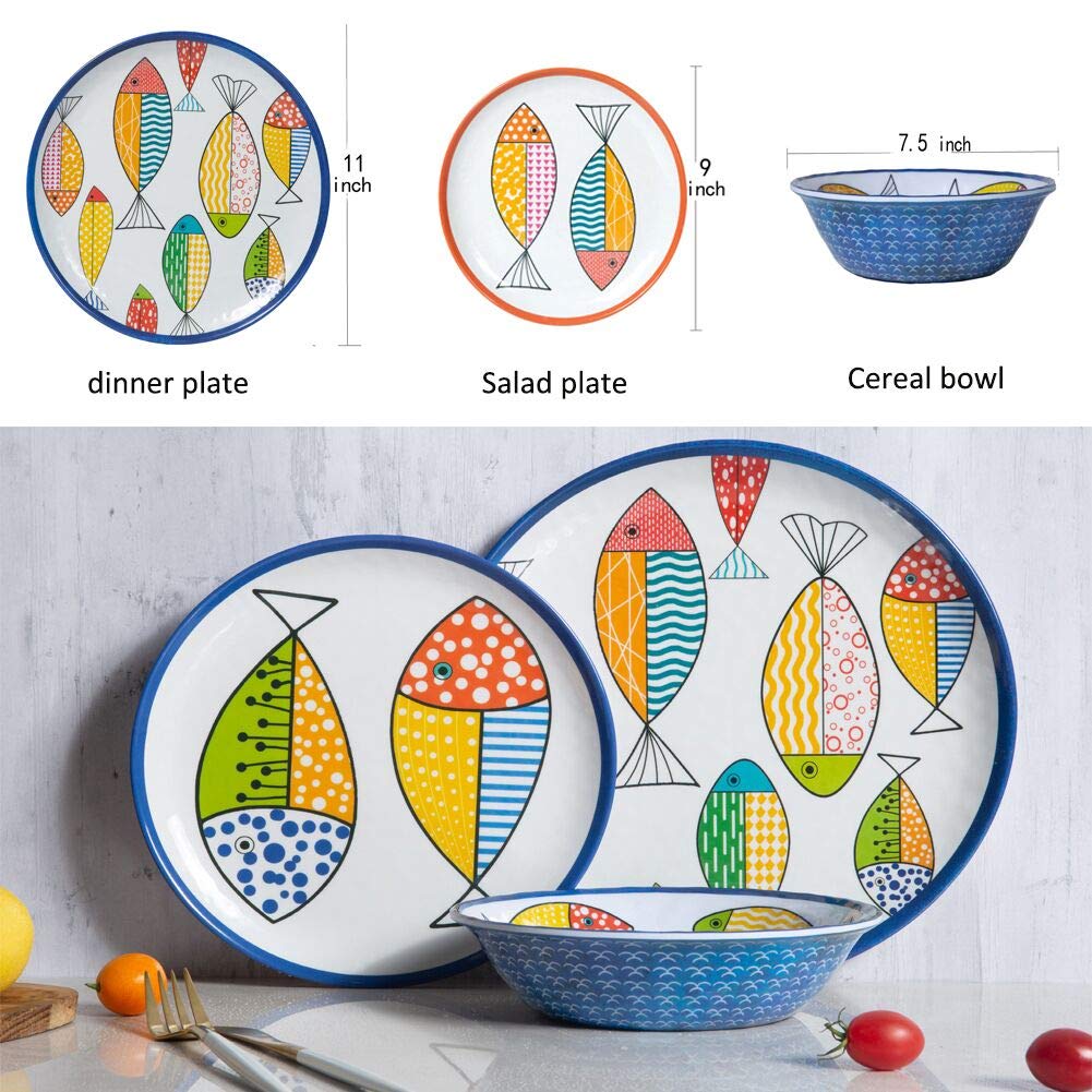 Gofunfun Melamine Dinnerware set for 4, Plates and Bowls Sets, Great for Camper, RV, Indoors Outdoors Use with Ocean Printed, Un