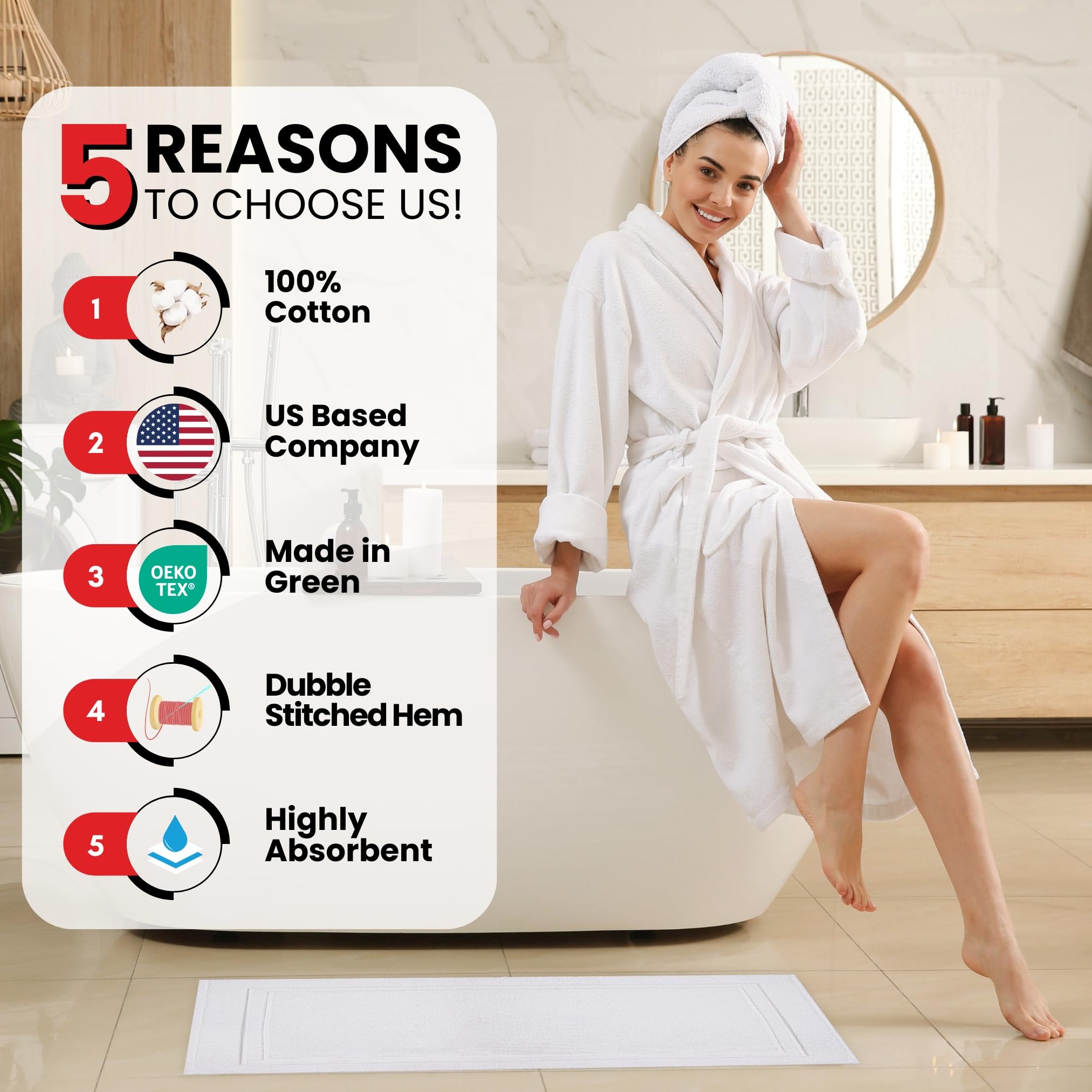 Infinitee Xclusives Premium Cotton Banded White Bath Mats - Pack of 2  22x34 Inches [Not a Bathroom Rug] Ultra Soft and Super Absorbent Floor Mat  Machine Washable Bath Mat for Bathroom