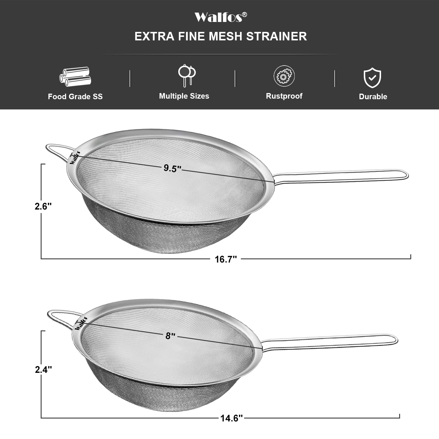 Walfos Large Fine Mesh Strainer 9.5'' & 8'', Stainless Steel Mesh Sieve With Sturdy Handle, Kitchen Metal Food Strainers For Qui