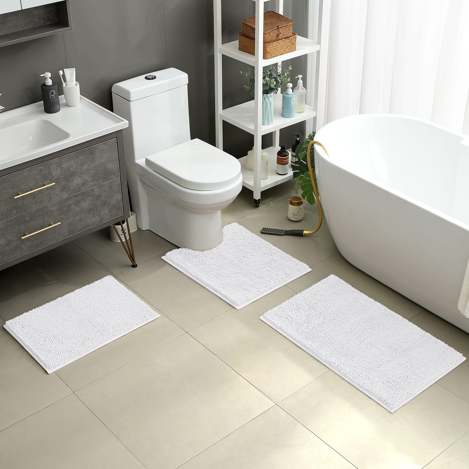 HOMEIDEAS 3 Pieces Bathroom Rugs  Ultra Soft Non Slip Absorbent Chenille Toilet Bath Mat Set (White)