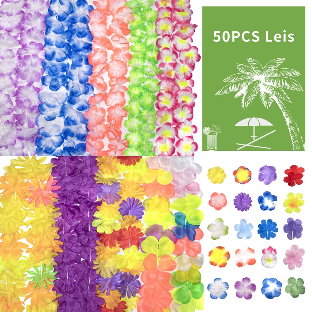 Goxi 50 Counts Hawaiian Flower Leis For Luau Party,Hawaiian Leis Vibrant Colors Assortment For Party Favors, Themed -Party Favor