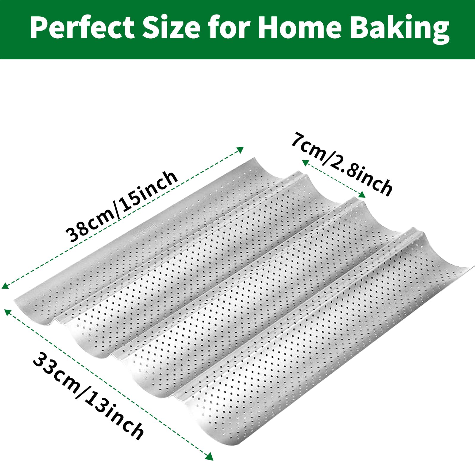 AMAGABELI Baguette Bread Pan 15"x13" Nonstick Perforated Tray for 4 Loaves, Silver - French Bread Baking Mold, FGKM001