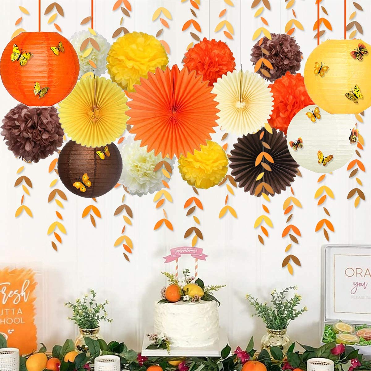 Fall Party Decorations Kit Yellow Orange Brown Paper Hanging Fans Lantern Flowers Pom Pom with 3D Butterfly Autumn Leaves Garlan