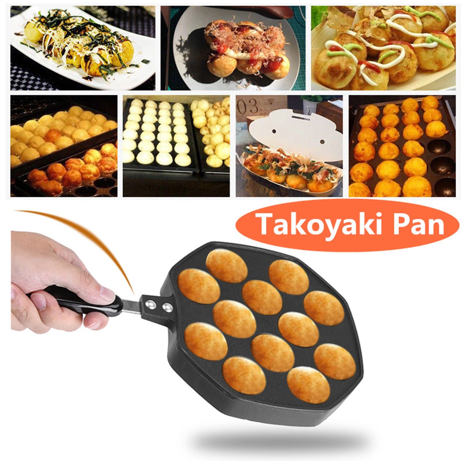 Fdit Black 12 Cavities Aluminum Non-Stick Takoyaki Grill Pan Plate Octopus Meatballs Baking For Home Kithen, Dining Room