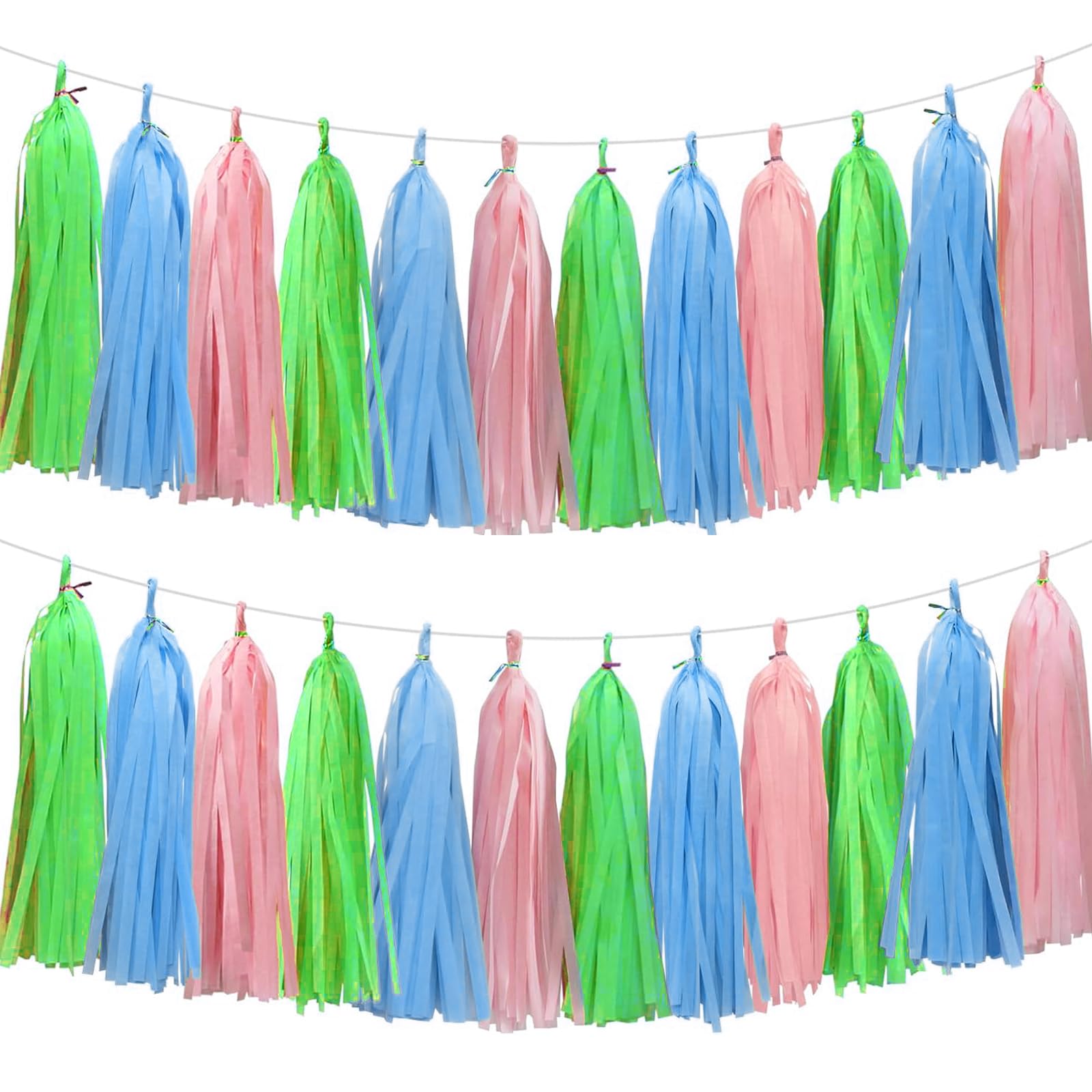 Blue Pink and Green Tassel Garland Banner Paper Tassels for Birthday Party Decorations,Pack of 15