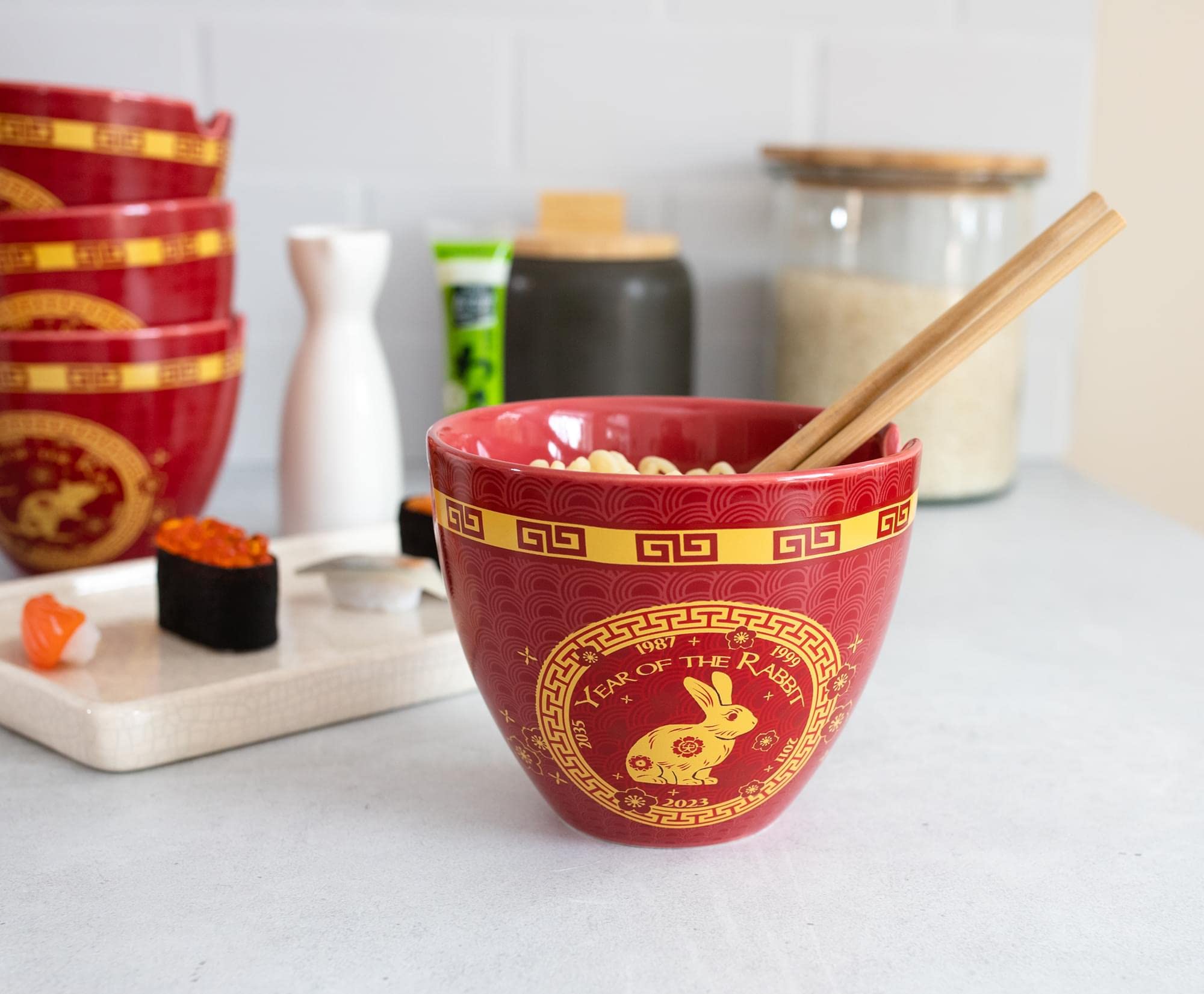 Boom Trendz Year Of The Rabbit Chinese Zodiac Ceramic Dinnerware Set Includes 16 Ounce Ramen Noodle Bowl And Red One Size