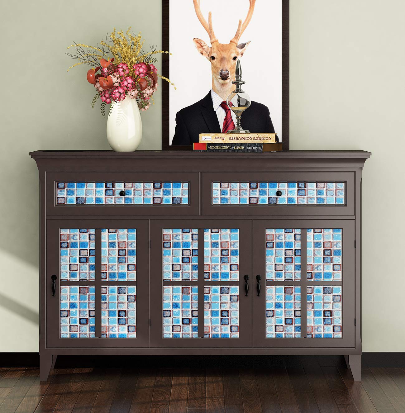 Livelynine 15.8 x 394 Inch Waterproof Vinyl Wallpaper for Bathroom Shower Wall Countertop Kitchen Backsplash Peel and Stick Wallpaper Blue Pattern Contact Paper Removable Decorative Tile Stickers