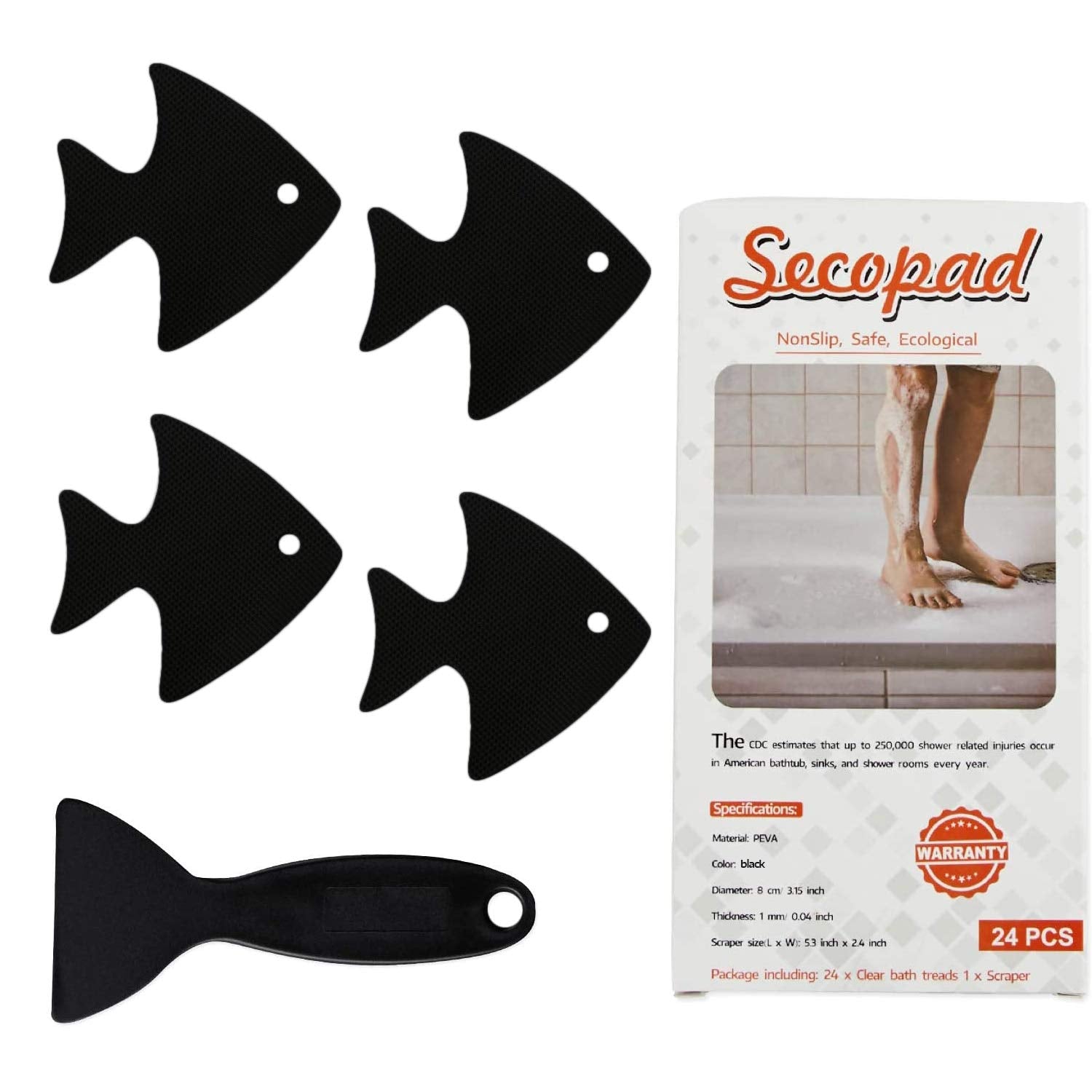 Bathtub Stickers Non-Slip, 24 Pcs Safety Shower Treads Adhesive Appliques With Premium Scraper (Black)
