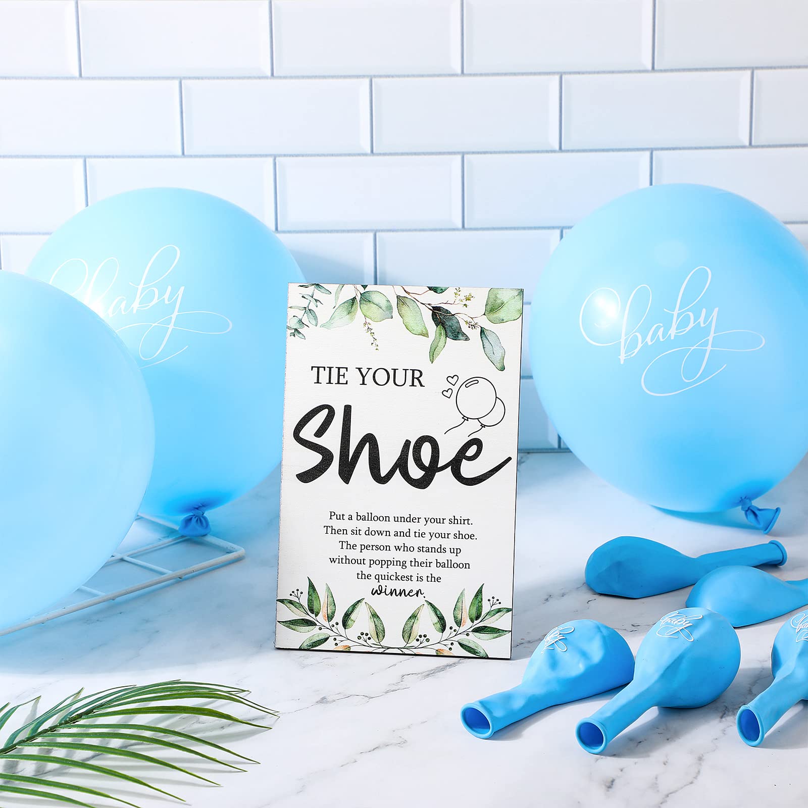 51 Pcs Tie Your Shoe Baby Shower Game Sign Wooden Baby Shower Sign Greenery Baby Gift Sets Gender Reveal Party Favors 50 Balloon