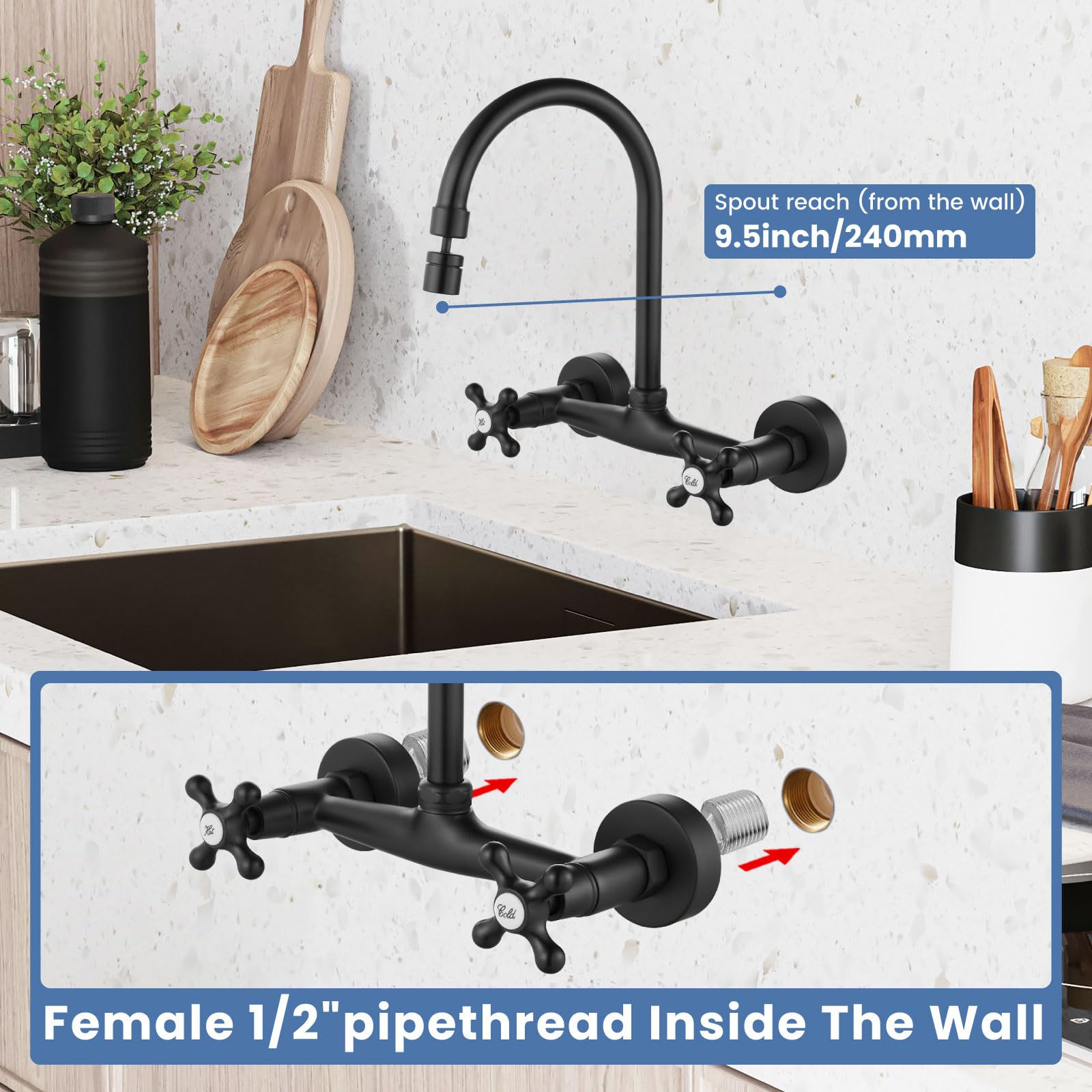 Airuida Wall Mount Kitchen Faucet Matte Black 8 Inch Center Wall Mount Faucet Kitchen with Sprayer Double Cross Handles 360 Degree Swivel Spout Kitchen Mixer Tap Commercial