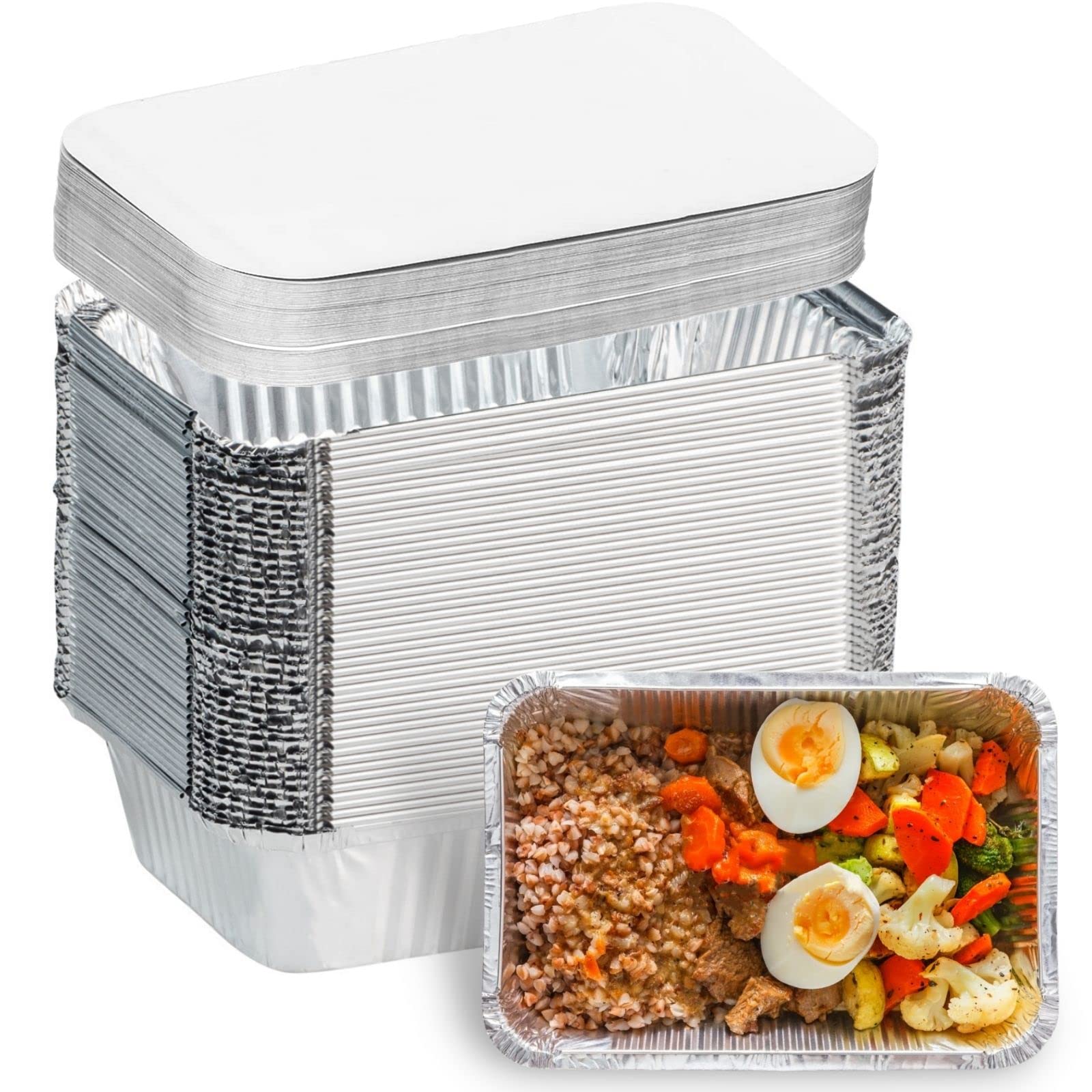 Aluminum Pans With Lids (50-Pack, 8.5''  6'') 2.25 Lb Capacity Foil Food Containers With Lids - 50 Pans And 50 Cardboard Covers