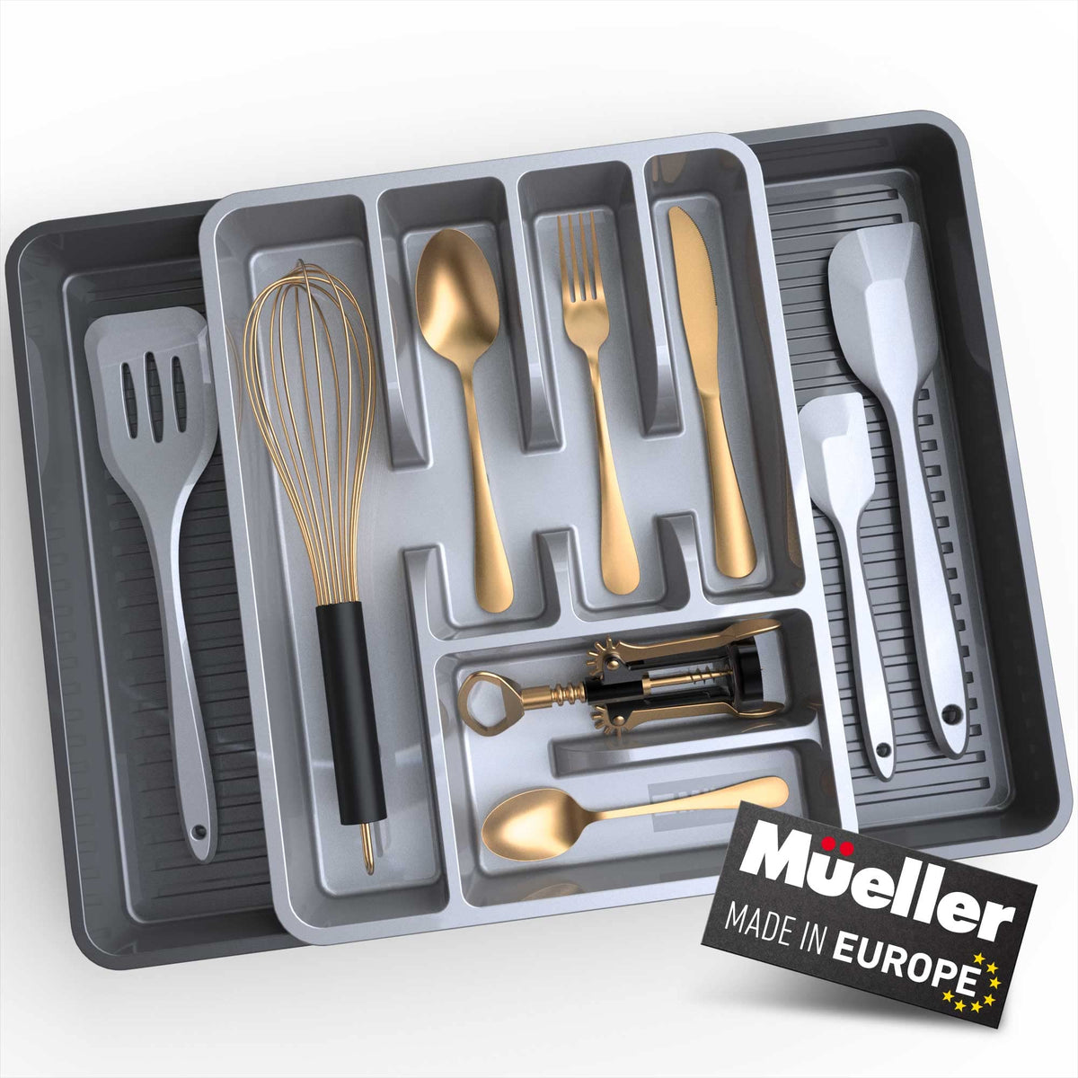 Mueller Large Flatware Kitchen Drawer Organizer, Expandable 19.7'' X 15'' Silverware Organizer, 6 Compartments, Heavy-Duty, Cutl