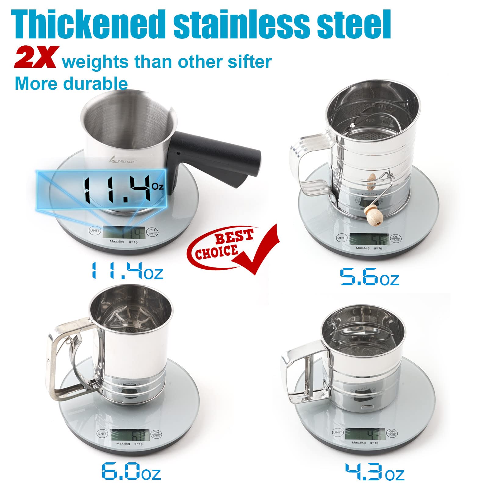 Flour Sifter For Baking,3 Cup Thickened Premium Stainless Steel Flour Sifter With Fine Mesh For Baking Cakes,Pastries,Pies,Bread