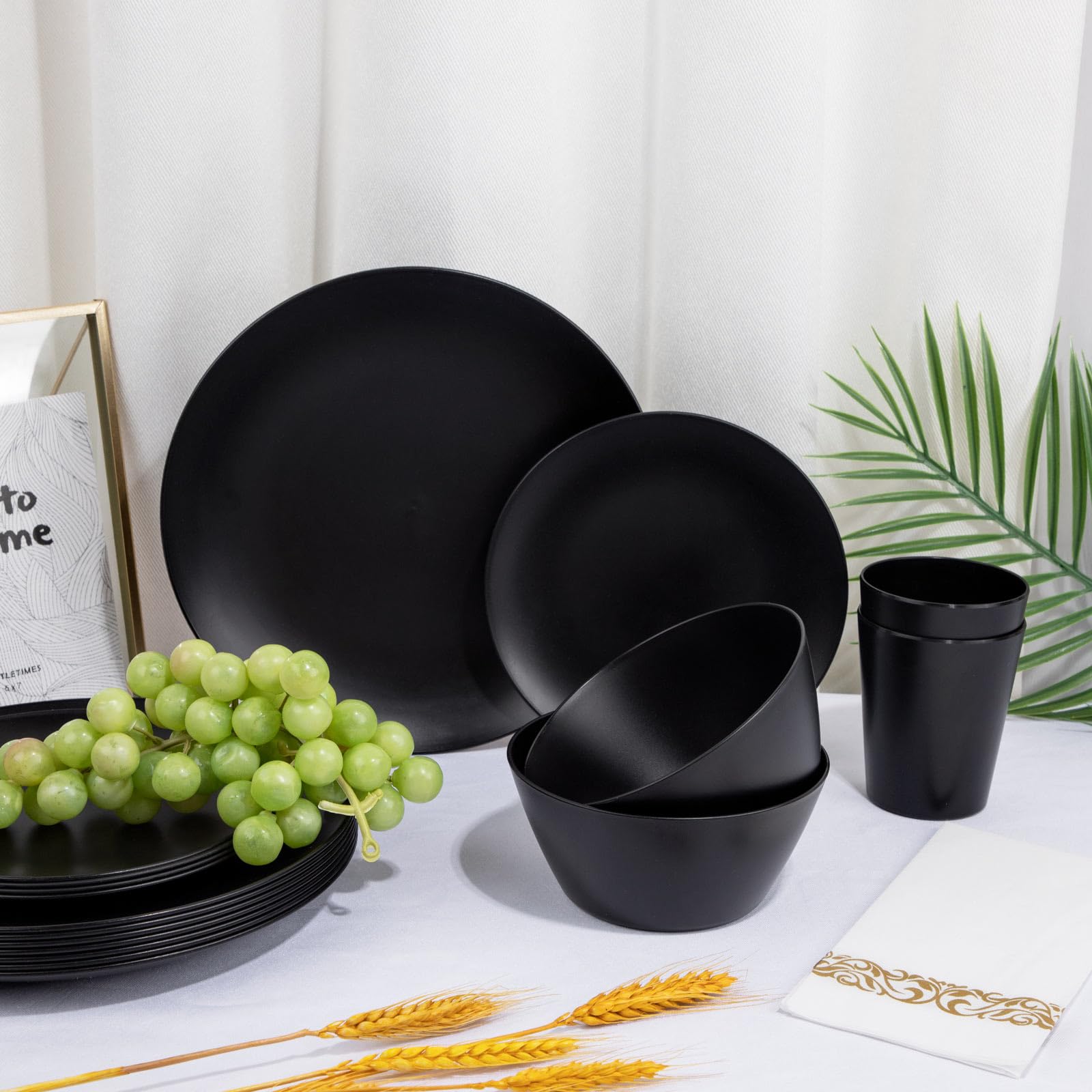 Supernal 32Pcs Black Wheat Straw Dinnerware Sets With 25Pcs Linen Napkins,Plates And Bowls Sets For 8,Black Plastic Dinnerware S