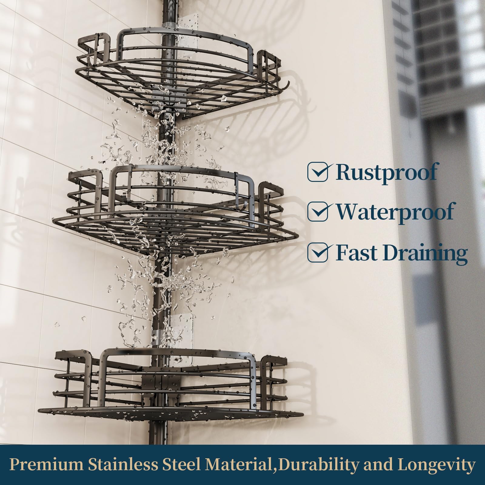 Consumest Corner Shower Caddy Organizer - Rustproof Shower Organizer Corner Tension Pole With Towel Bar & Soap Holder, Adjustabl