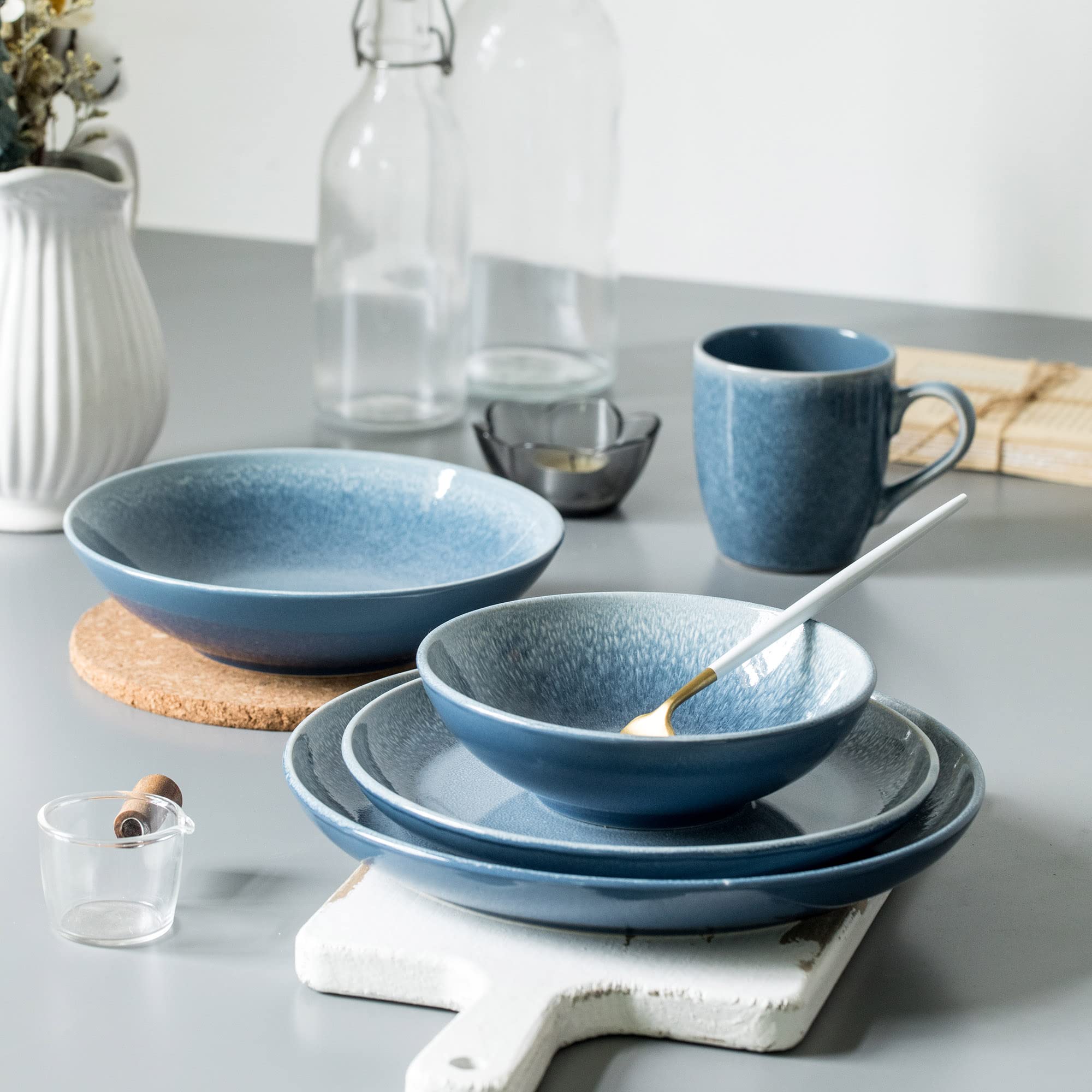 Arora Fait Round Stoneware 16Pc Double Bowl Dinnerware Set For 4, Dinner Plates, Side Plates, Cereal Bowls, Pasta Bowls - Reacti