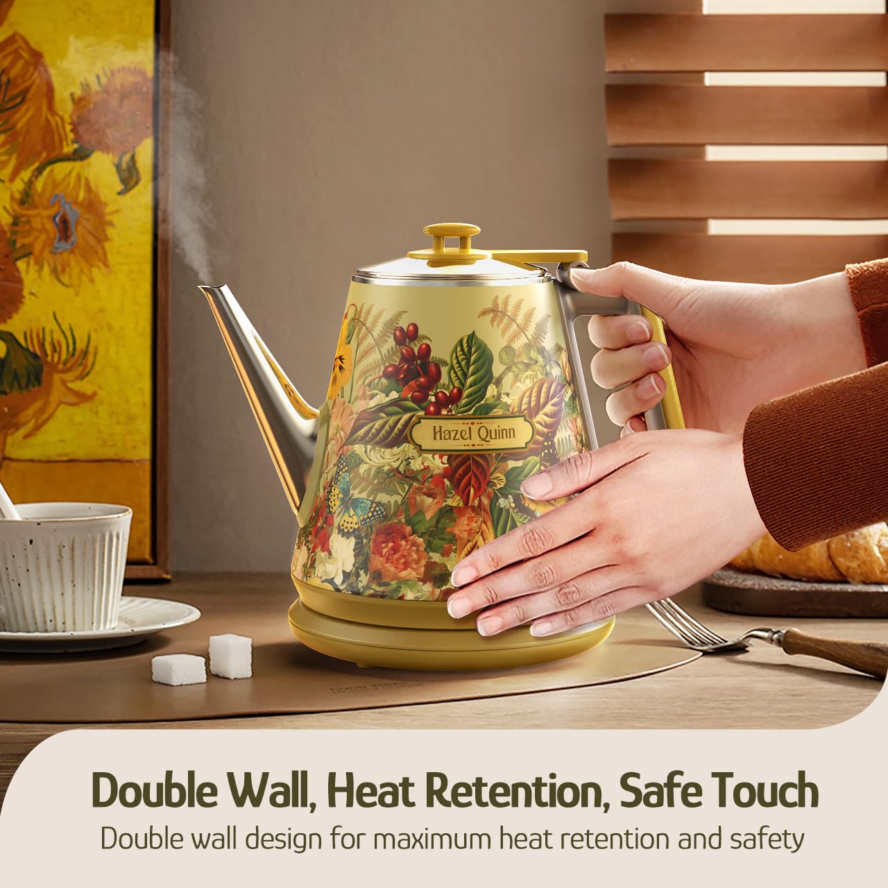 Hazel Quinn Retro Electric Kettle, 1L Stainless Steel, Floral Print, 800W, Double Wall, BPA-Free, Model XSH005