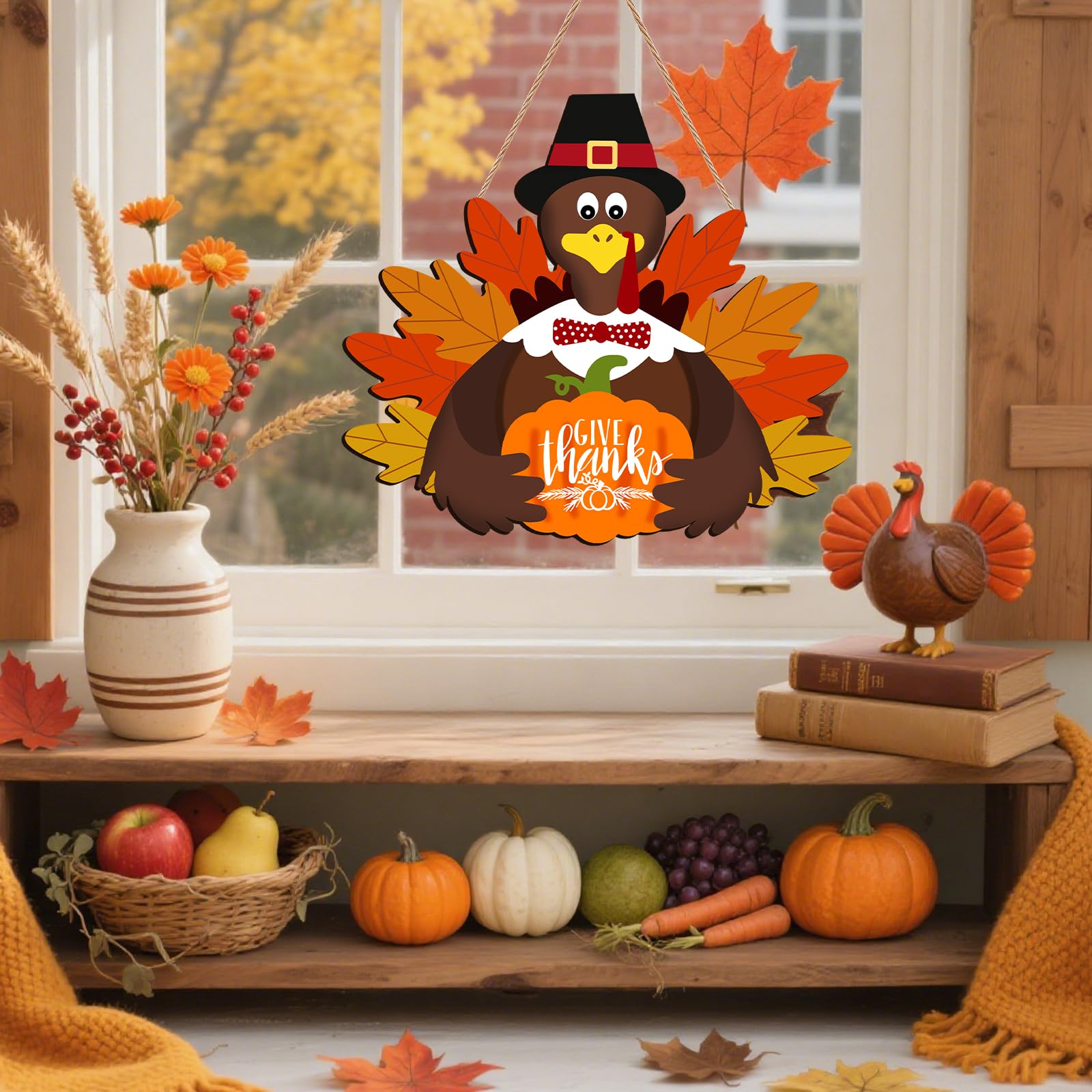 Thanksgiving Decorations for Front Door, Wooden Welcome Sign for Fall Decor, Hanging Turkey Autumn Sign for Harvest Home Farmhou