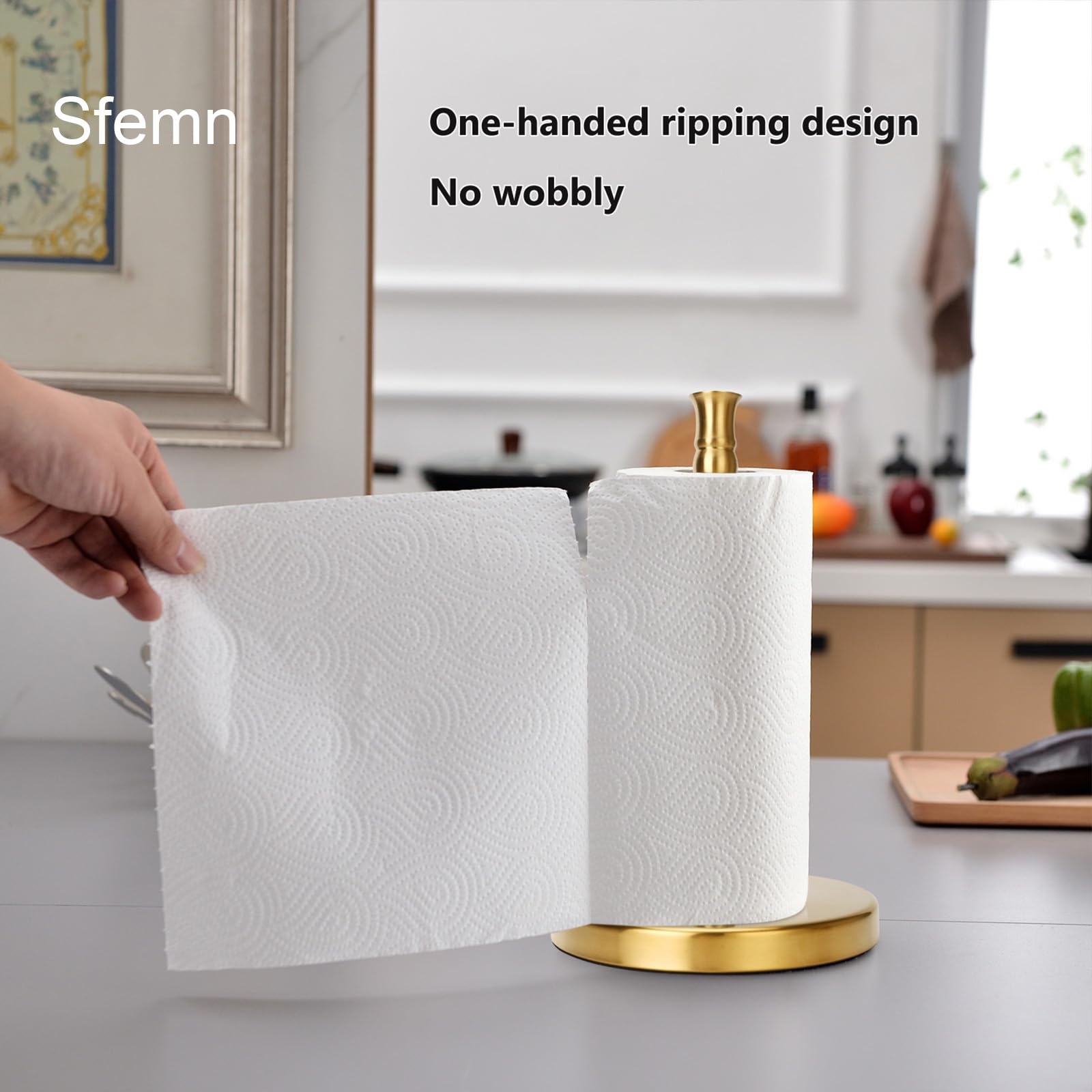 Sfemn Paper Towel Holder Countertop, Weighted Base For One-Handed Tear, Free Standing Paper Towel Holder Stand, Stainless Steel