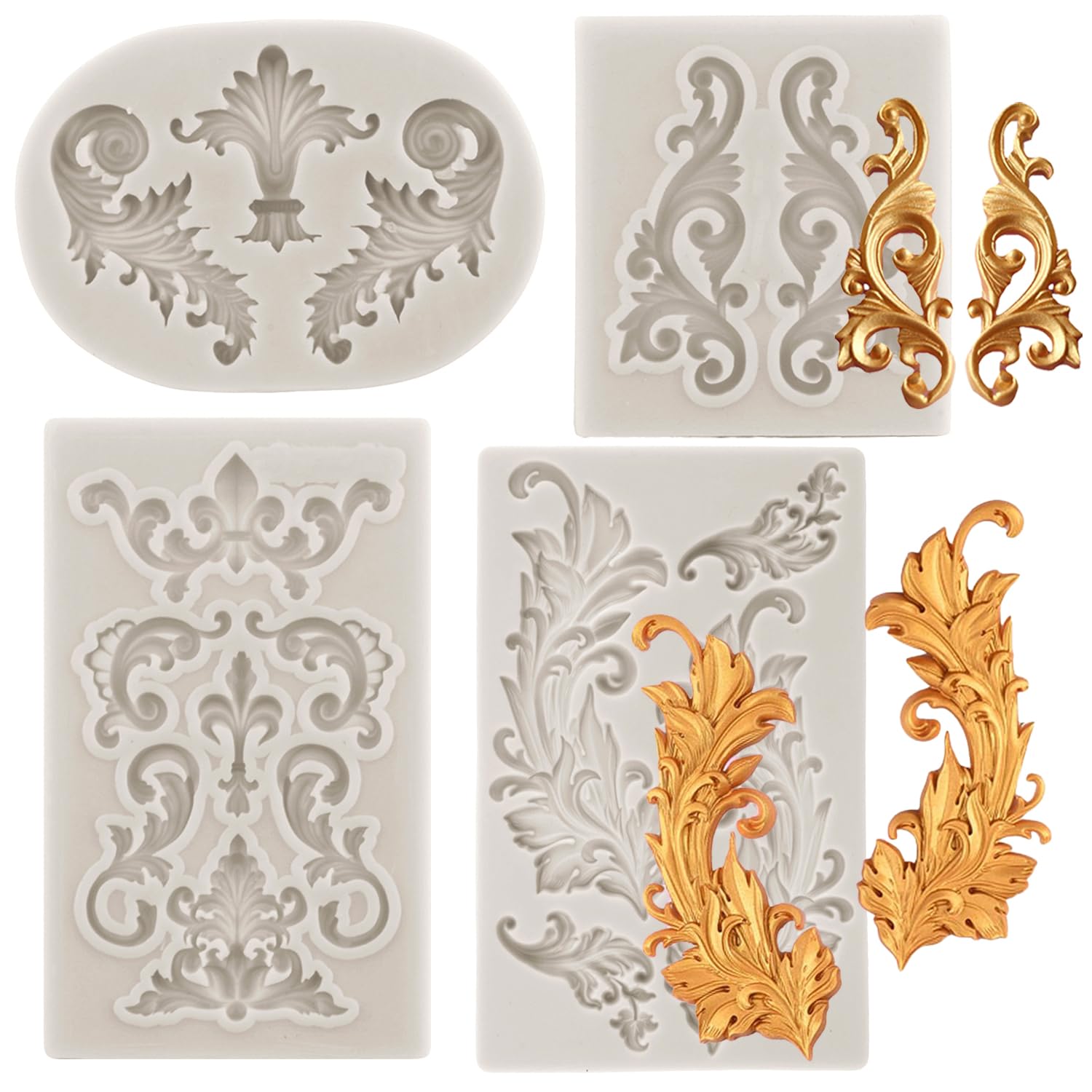 Sijiangmold Feather Silicone Molds Baroque Fondant Mold Curlicues Scroll Lace Molds Relief Flower Mold Filigree Mold For 3D Scul