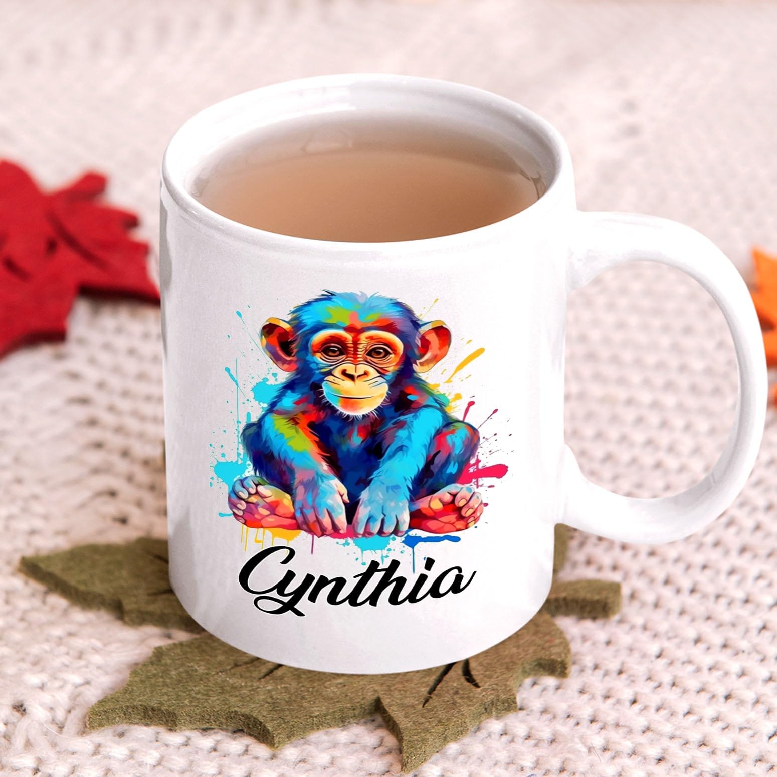Personalized Monkey Coffee Mug With Choose Name, Customized Monkey Animal Color Coffee Cup 11 Oz 15 Oz, Monkey Lover White Ceram