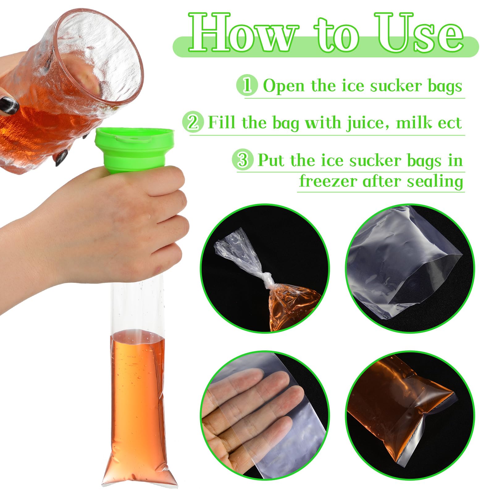 600 Pcs Disposable Ice Lolly Bags Ice Lolly Mold Bags Plastic Ice Cream Bags With Silicone Foldable Funnel For Making Ice Candy,