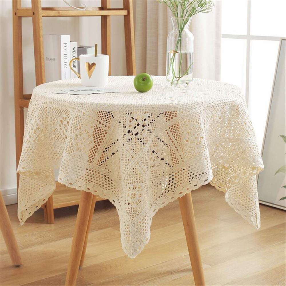 Bmidrut Vintage Beige Crochet Doilies Tablecloths Square Cotton Lace Doilies Table Cover Wedding Home Party Decor (55X55 Inch)