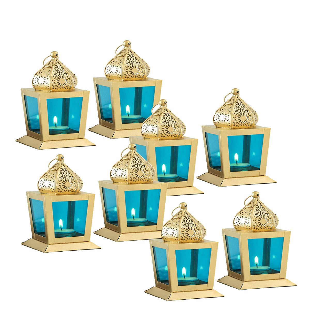 Imrab Creations Decorative Square Hanging Lantern Lamp with Tealight Candle Holder (Blue, Set of 8, Combo)