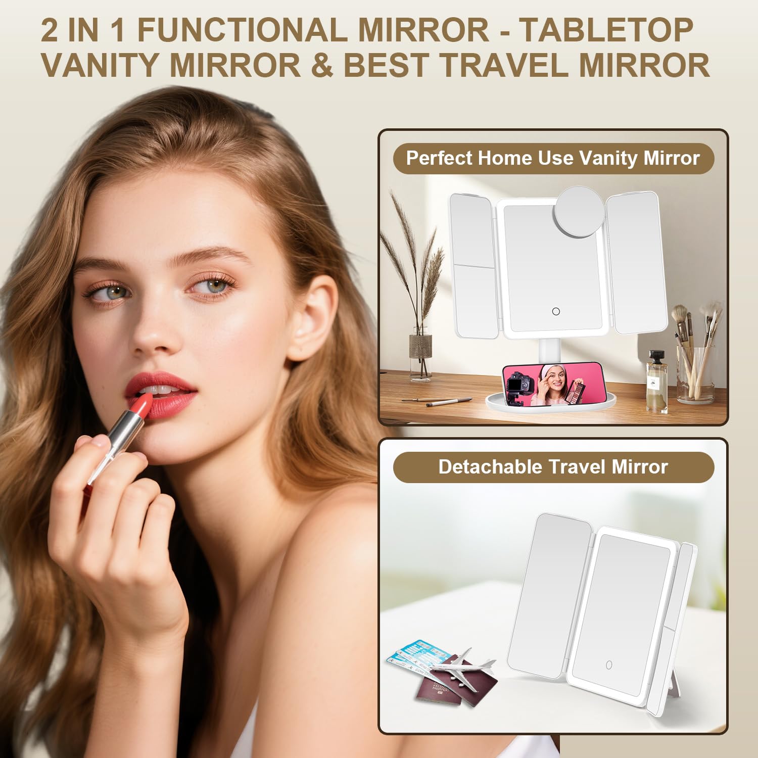 Mocado Makeup Mirror with Lights, 20X/7X/3X Magnifying Mirror with Light,Rechargeable & Height Adjustable Lighted Makeup Mirror,