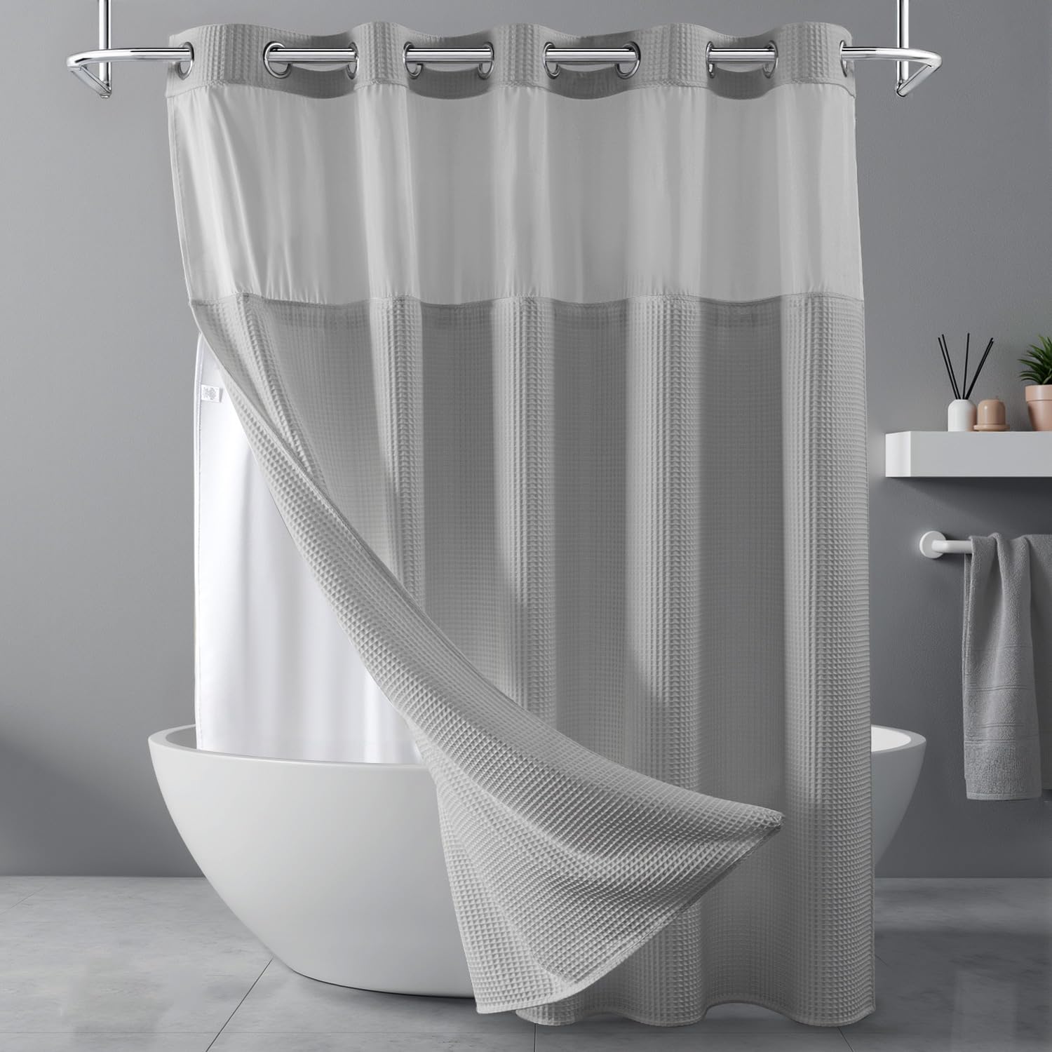 River Dream Lake Wanaka Fabric Shower Curtain Set  Cotton Blend  Waffle Weave  with Snap in Replacement Liner 71 x 74 inches