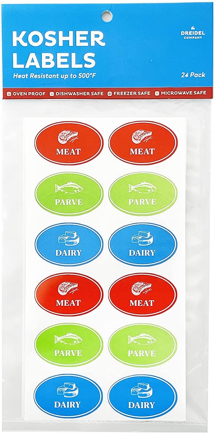 The Dreidel Company Assorted Kosher Labels, 16 Blue Dairy, 16 Red Meat, 16 Green Parve Stickers, Oven Proof Up To 500, Freezable