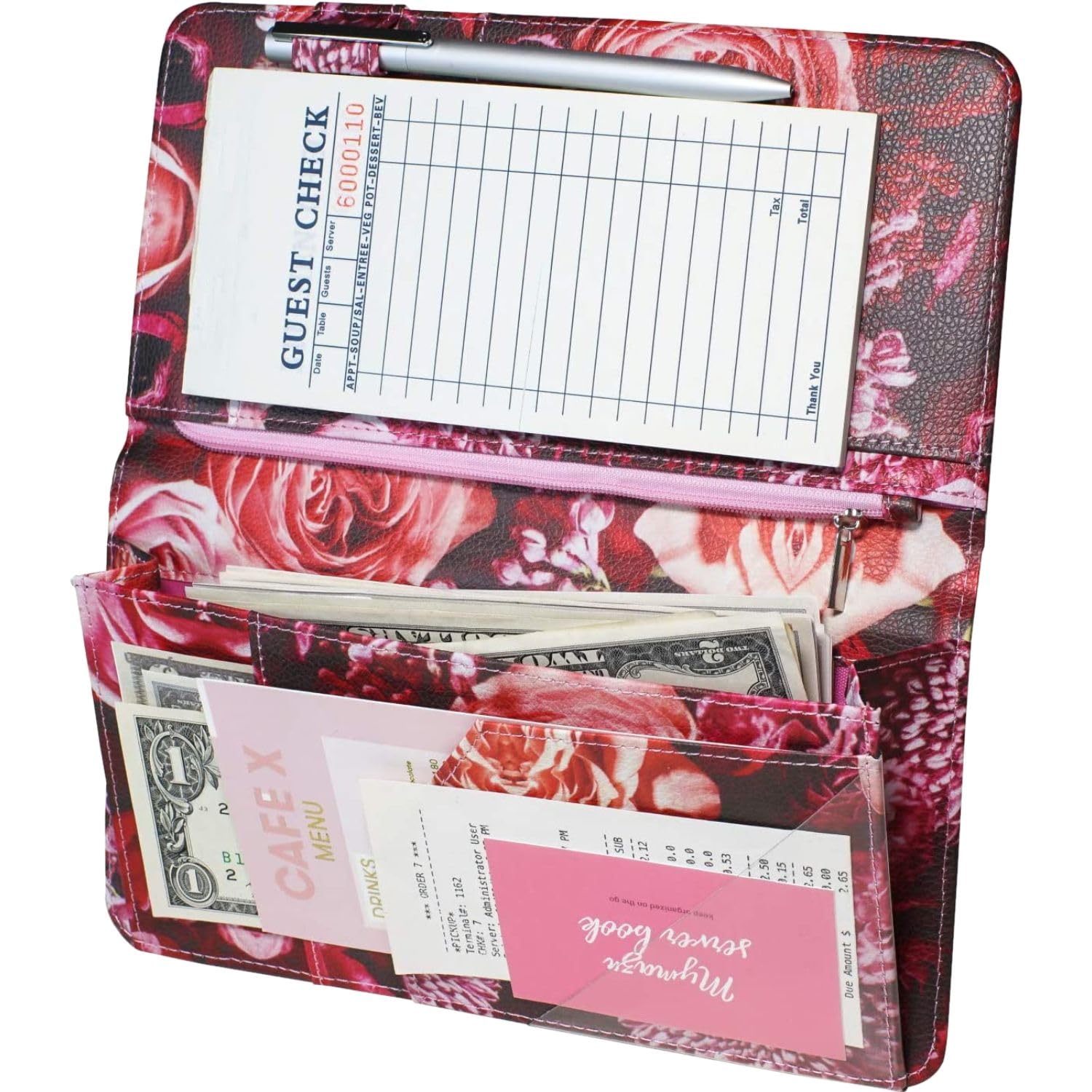 Server Book for Waitress with Zipper and Magnetic Pocket 5'' X 9'' Rose Flower Waitress Book Red Waiter Book Wallet Restaurant Waitstaff Organizer Fit Server Apron with Money Pocket