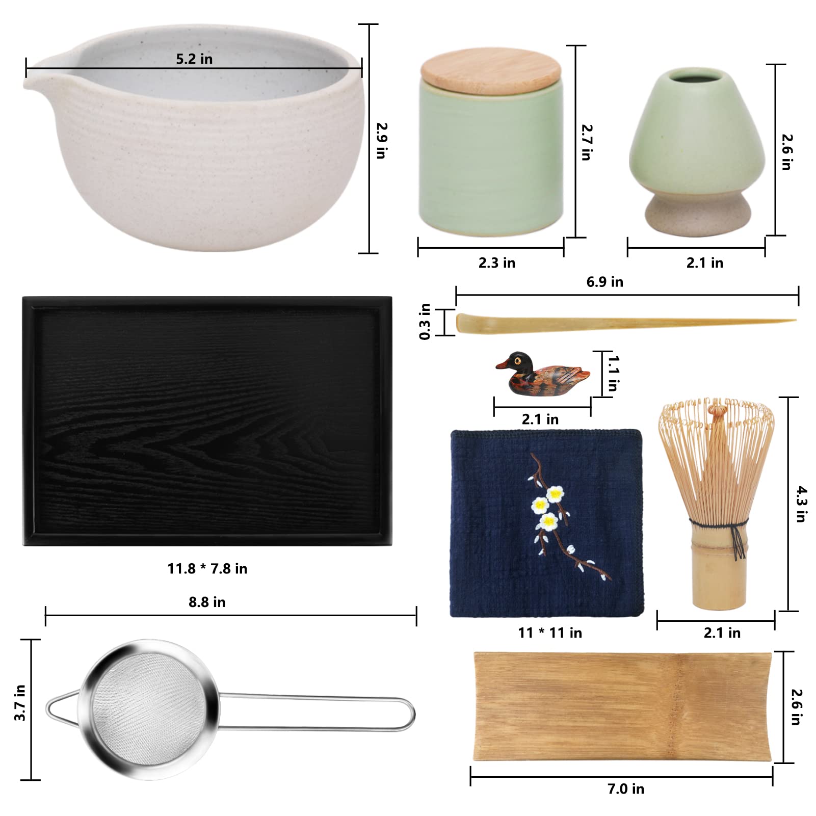 Artcome Japanese Matcha Tea Set, Matcha Bowl With Pouring Spout, Black Tea Tray, Matcha Whisk, Ceramic Whisk Holder, Matcha Powd