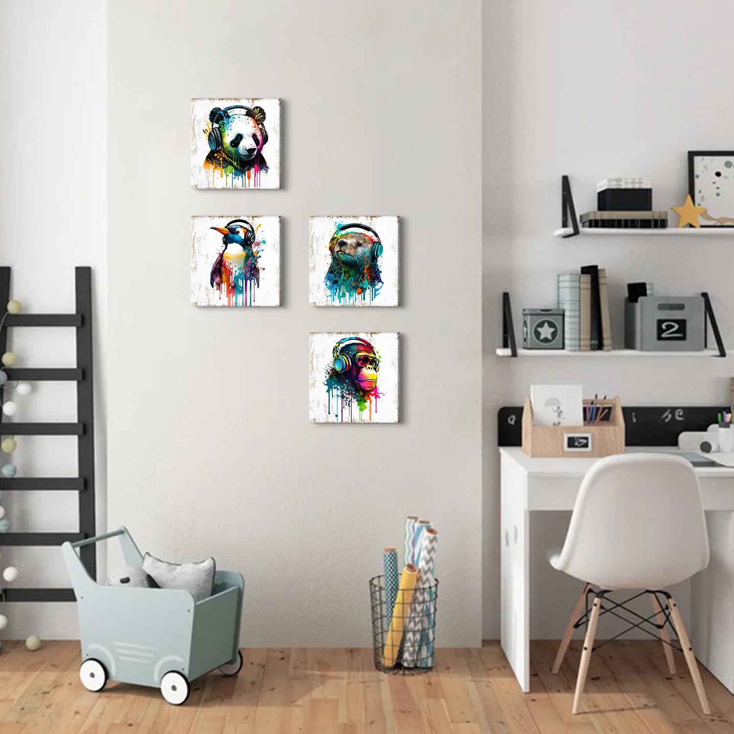 Colorful Animal Wall Art Funny Cute Bear Monkey With Headphone Canvas Prints Pictures Nursery Room Decor Cartoon Penguin Panda P